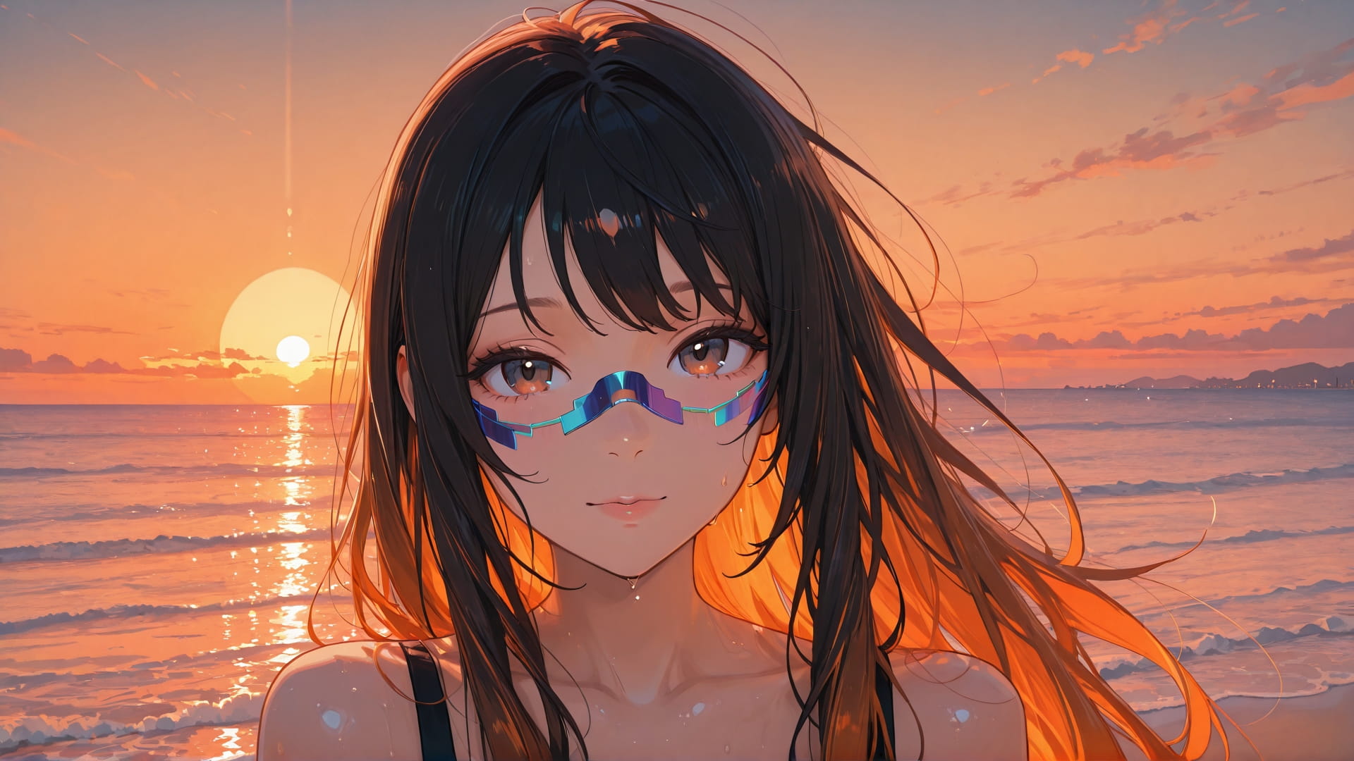 Orange Sunset Sea RealityWarp smartphone wallpaper free download, vertical 16:9 format, Orange, Sunset, Sea, Spring 001