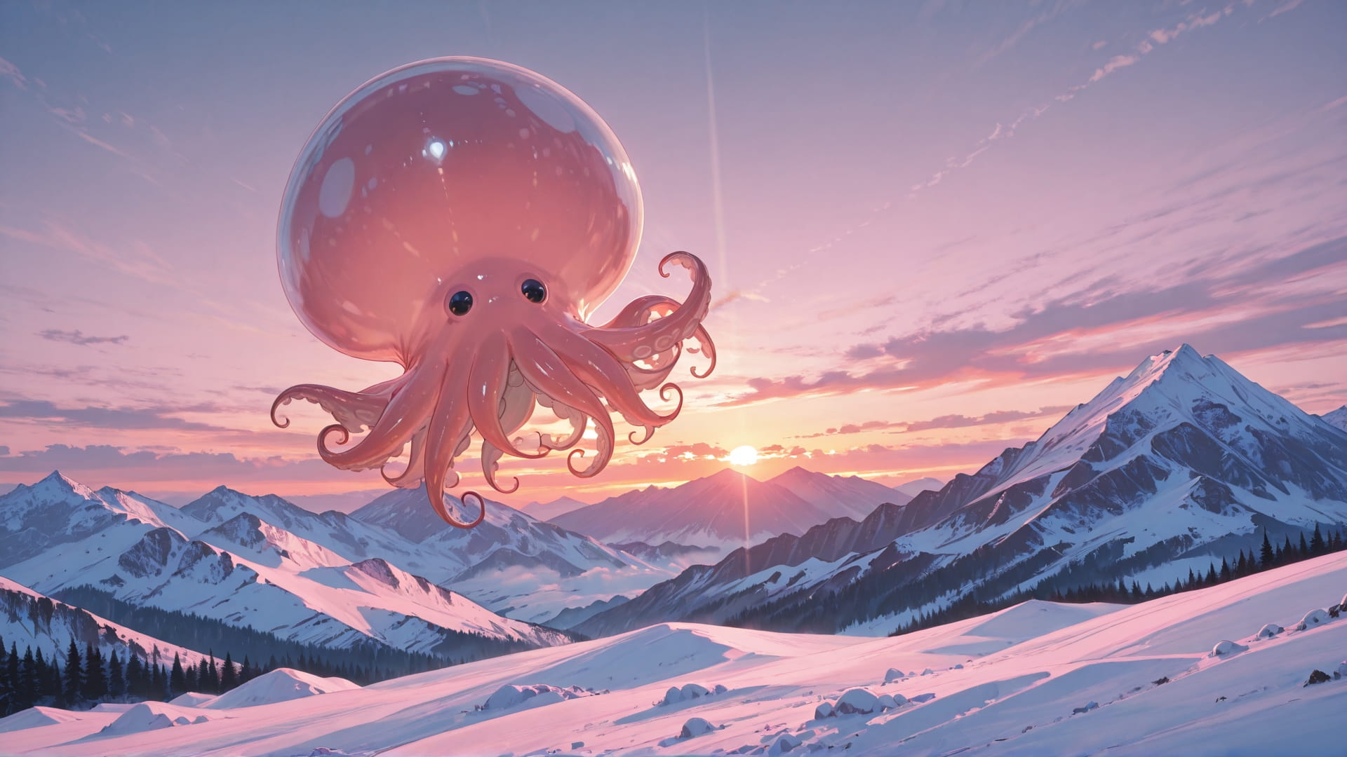 Pink Sunset Mountain RealityWarp smartphone wallpaper free download, vertical 16:9 format, Pink, Sunset, Mountain, Winter