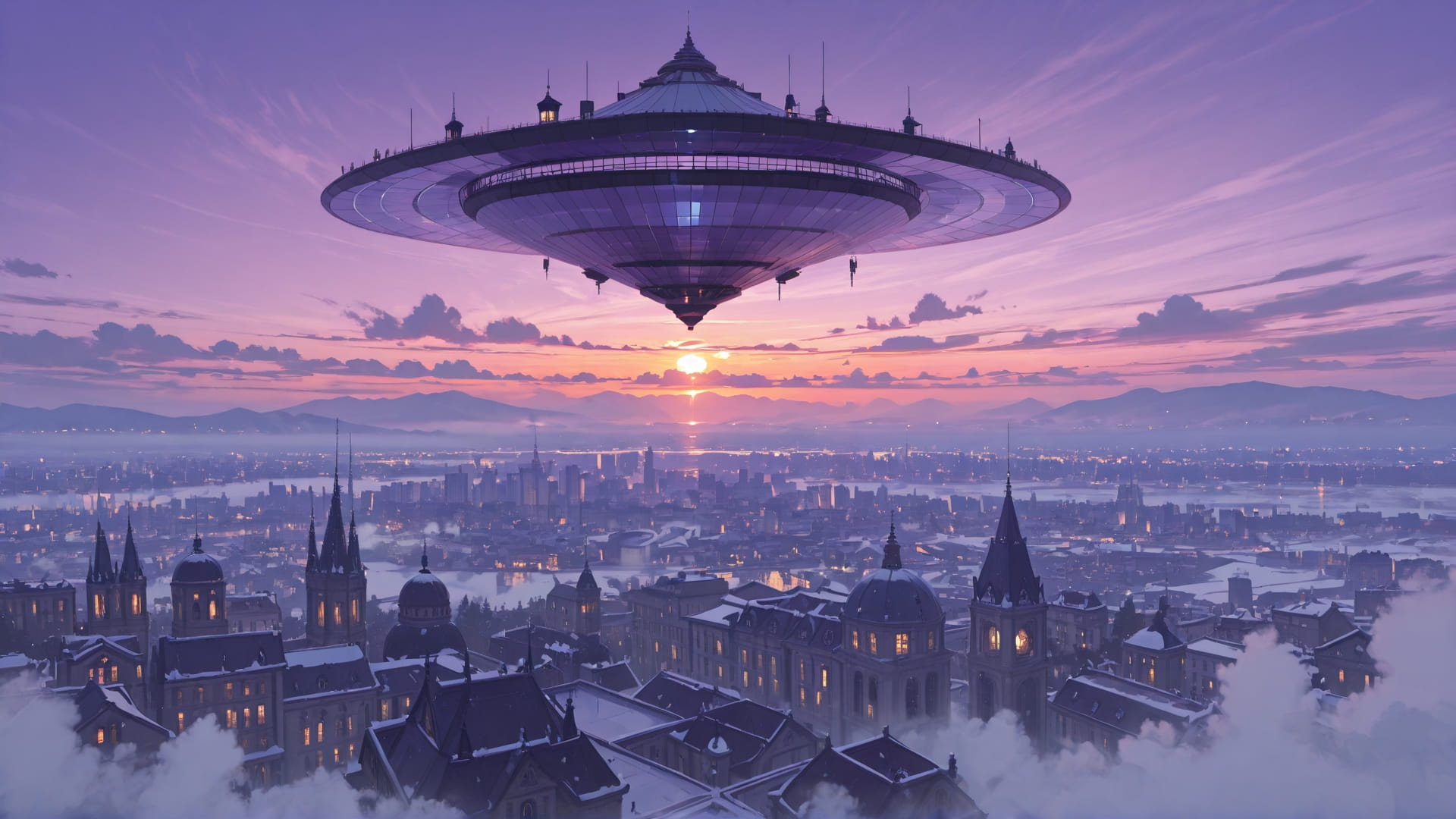 Purple Sunset City RealityWarp smartphone wallpaper free download, vertical 16:9 format, Purple, Sunset, City, Winter