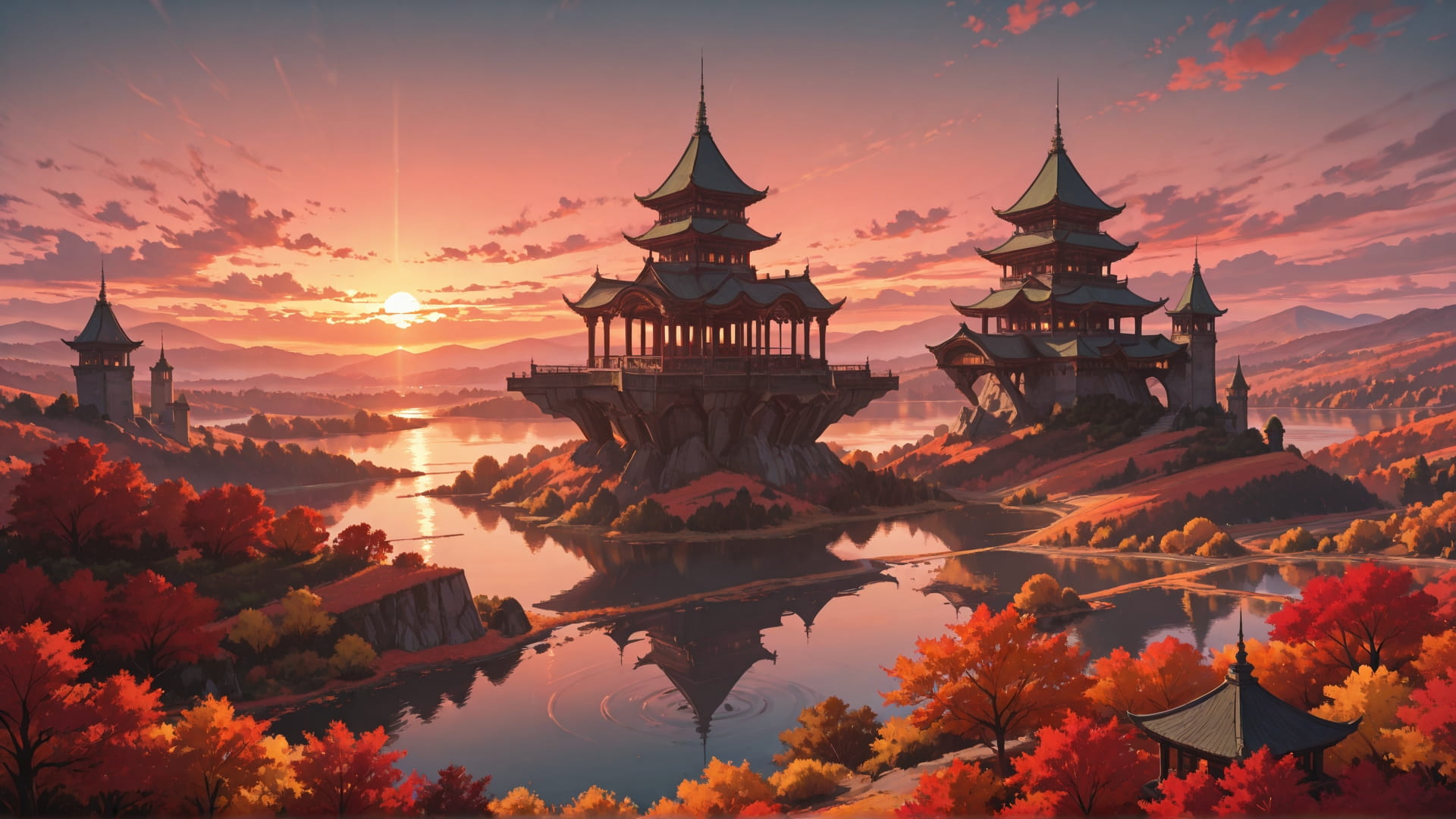 Red Sunset Sea RealityWarp smartphone wallpaper free download, vertical 16:9 format, Red, Sunset, Sea, Autumn