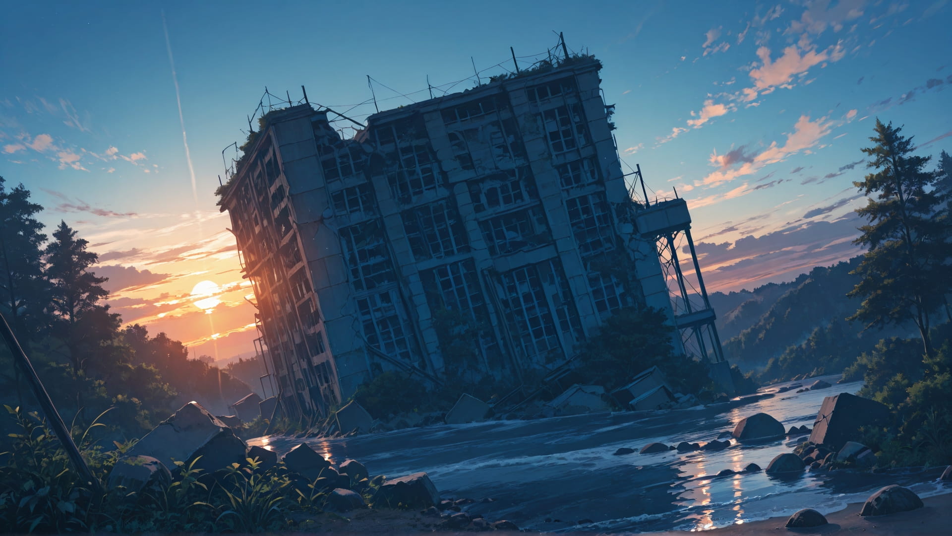 Blue Sunset Nature Ruins smartphone wallpaper free download, vertical 16:9 format, Blue, Sunset, Nature, Summer 001