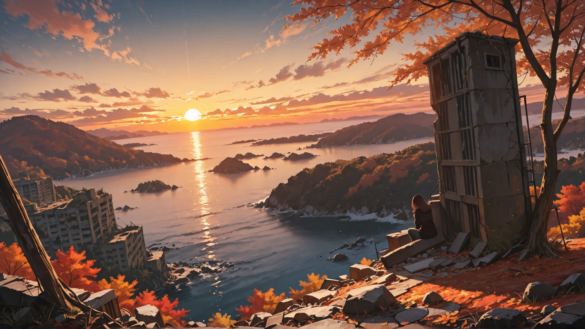 Brown Sunset Sea Ruins smartphone wallpaper free download, vertical 16:9 format, Brown, Sunset, Sea, Autumn 001