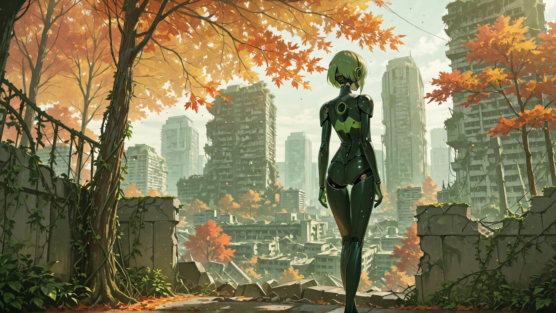 Green Afternoon City Ruins smartphone wallpaper free download, vertical 16:9 format, Green, Afternoon, City, Autumn