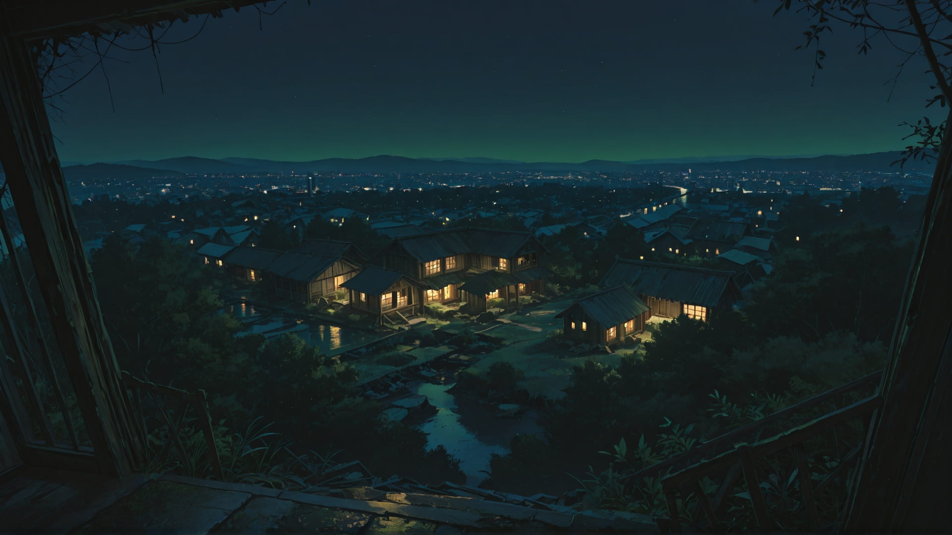 Green Night City Ruins smartphone wallpaper free download, vertical 16:9 format, Green, Night, City, Spring 001