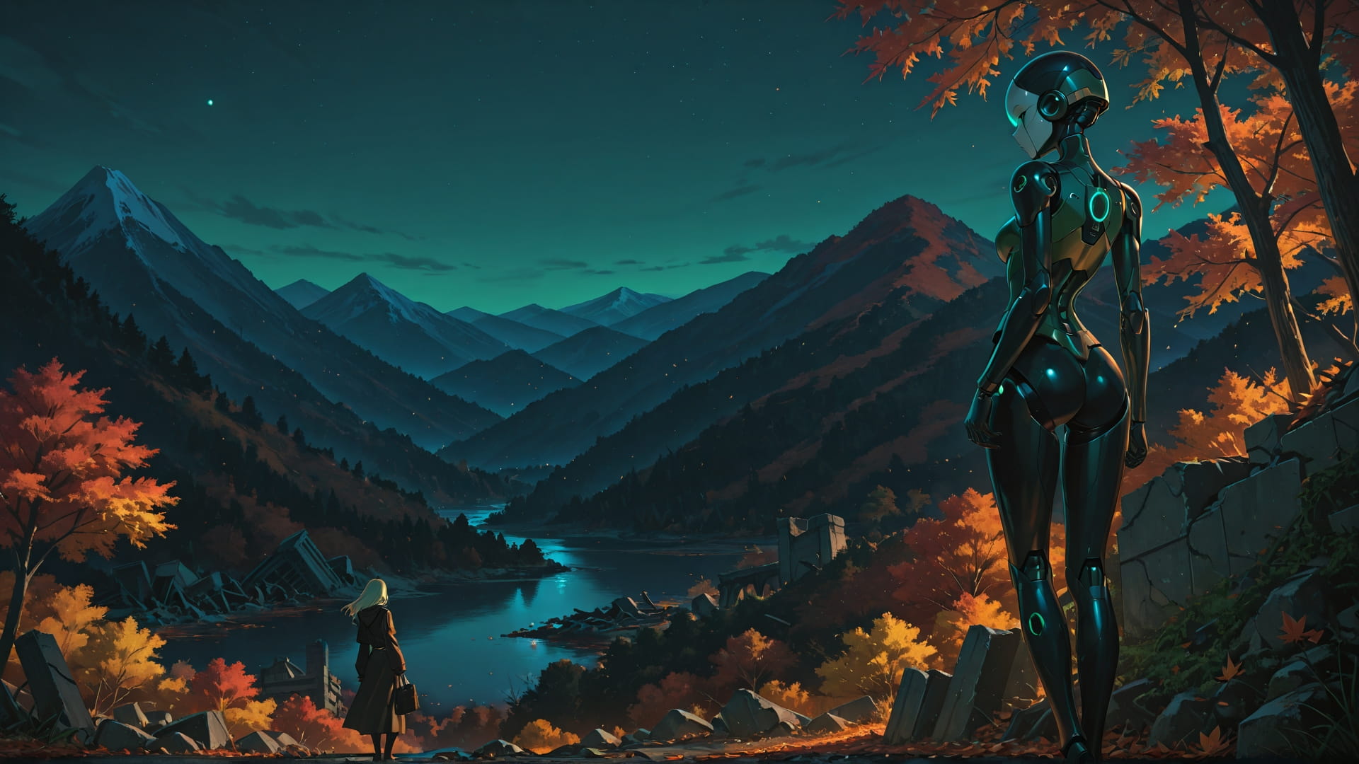 Green Night Mountain Ruins smartphone wallpaper free download, vertical 16:9 format, Green, Night, Mountain, Autumn