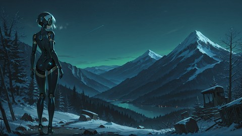 Green Night Mountain Ruins smartphone wallpaper free download, vertical 9:16 format, Green, Night, Mountain, Winter