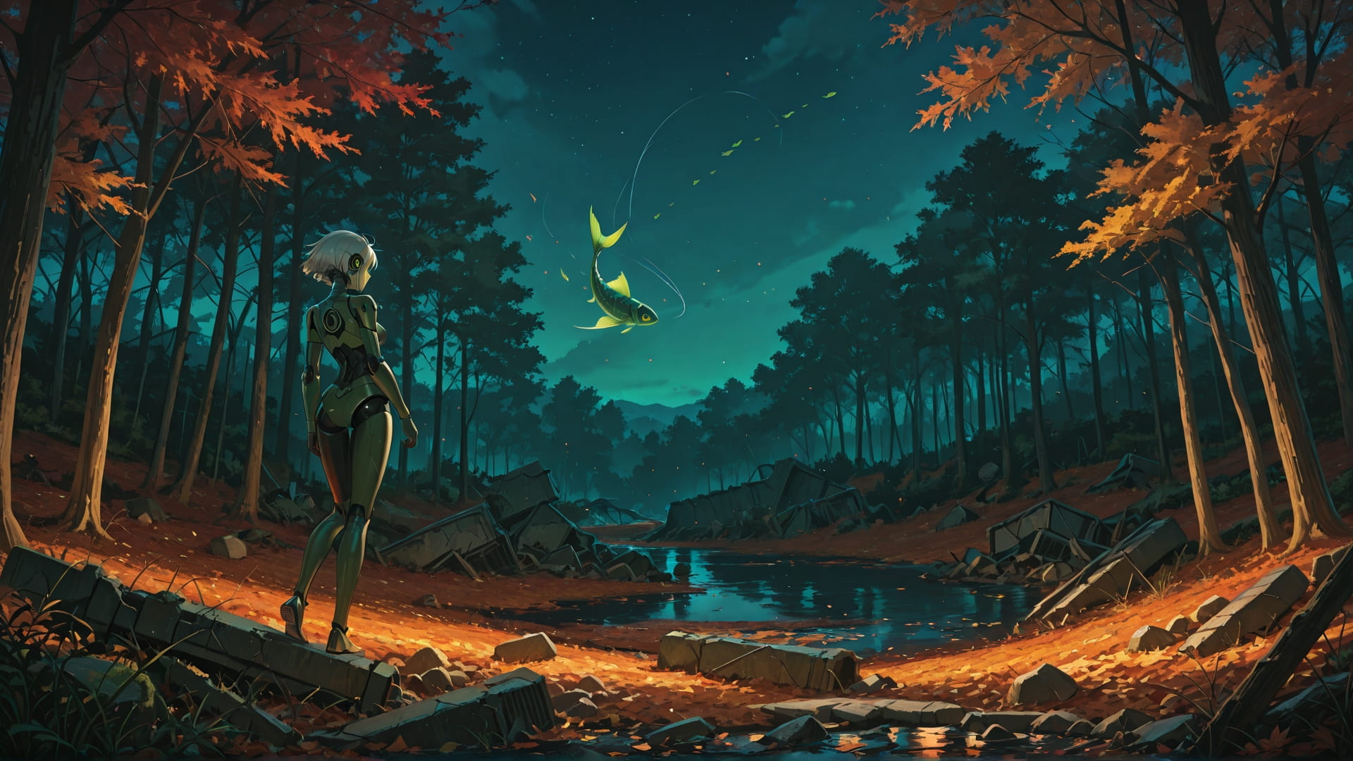 Green Night Nature Ruins smartphone wallpaper free download, vertical 16:9 format, Green, Night, Nature, Autumn