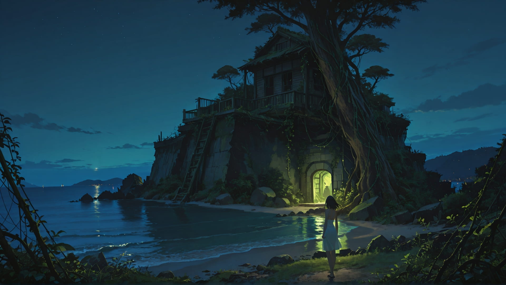 Green Night Sea Ruins smartphone wallpaper free download, vertical 16:9 format, Green, Night, Sea, Summer