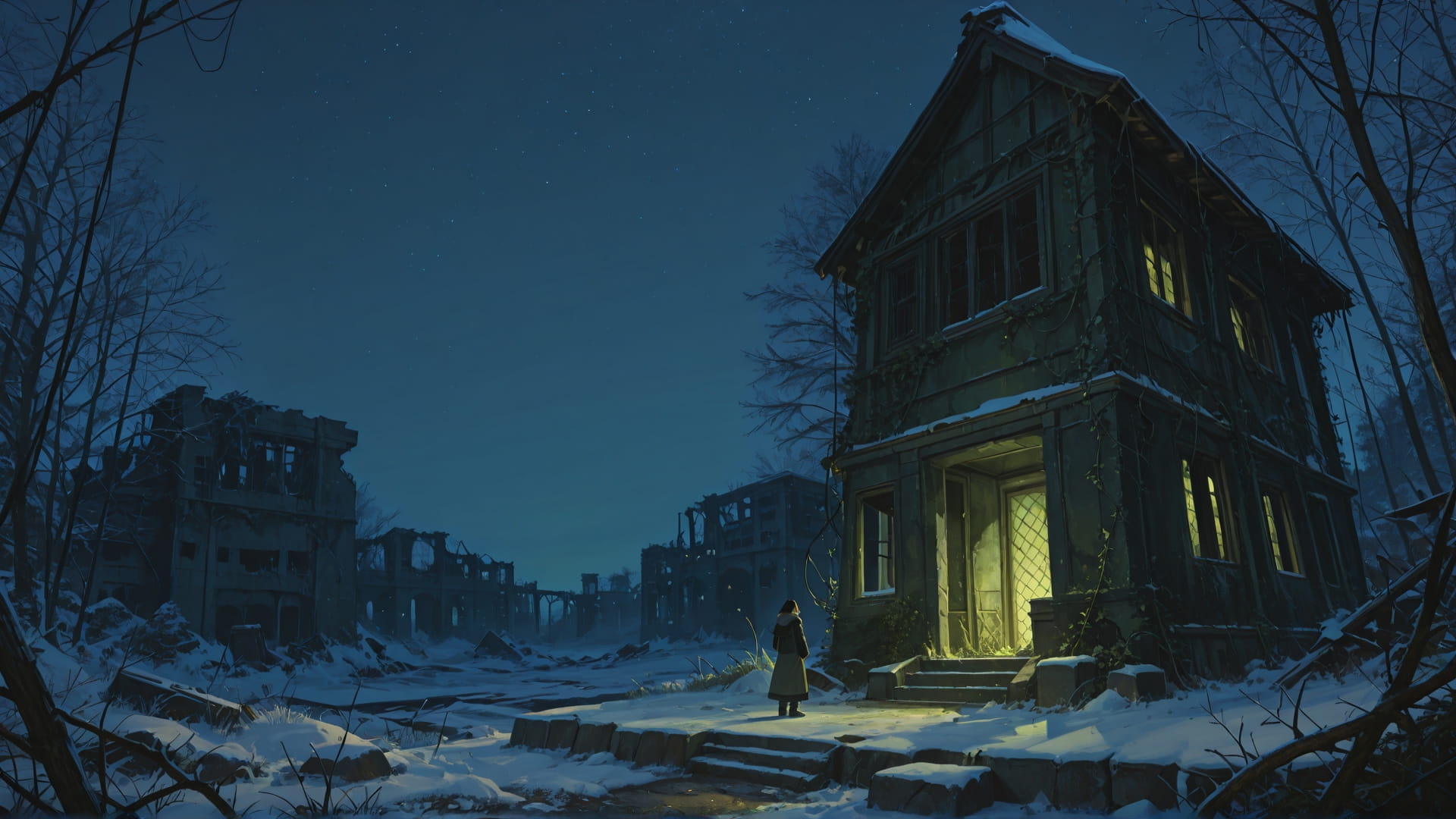 Green Night Sky Ruins smartphone wallpaper free download, vertical 16:9 format, Green, Night, Sky, Winter 001