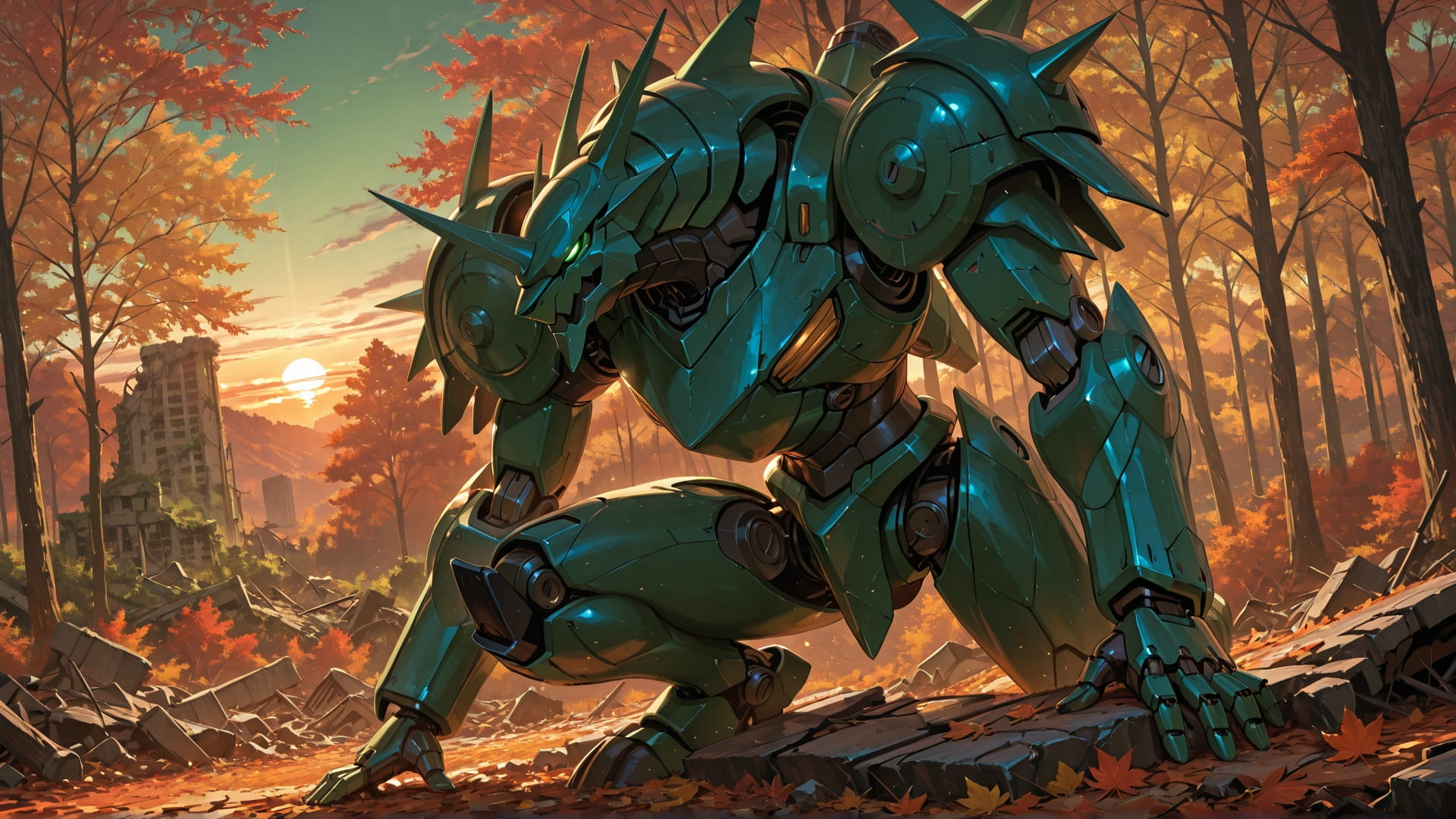 Green Sunset Nature Ruins smartphone wallpaper free download, vertical 16:9 format, Green, Sunset, Nature, Autumn