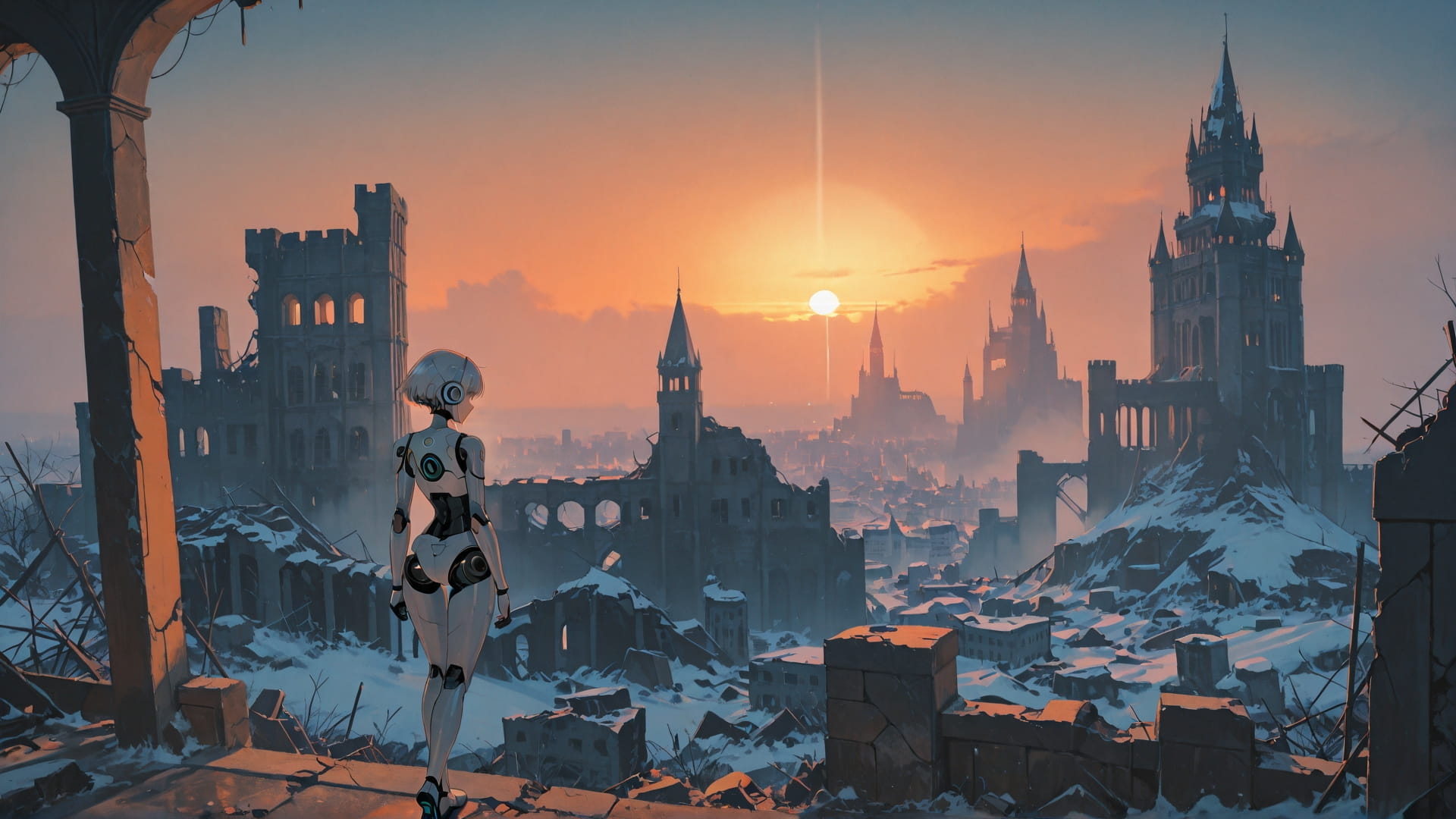 Orange Sunset City Ruins smartphone wallpaper free download, vertical 16:9 format, Orange, Sunset, City, Winter