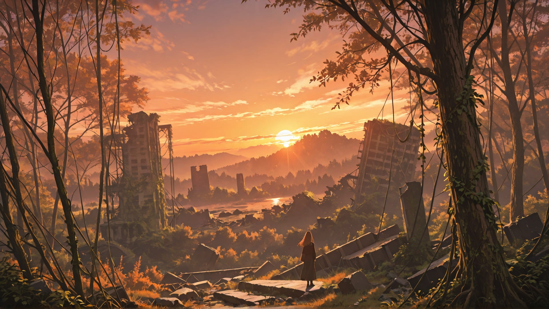 Orange Sunset Nature Ruins smartphone wallpaper free download, vertical 16:9 format, Orange, Sunset, Nature, Spring 001