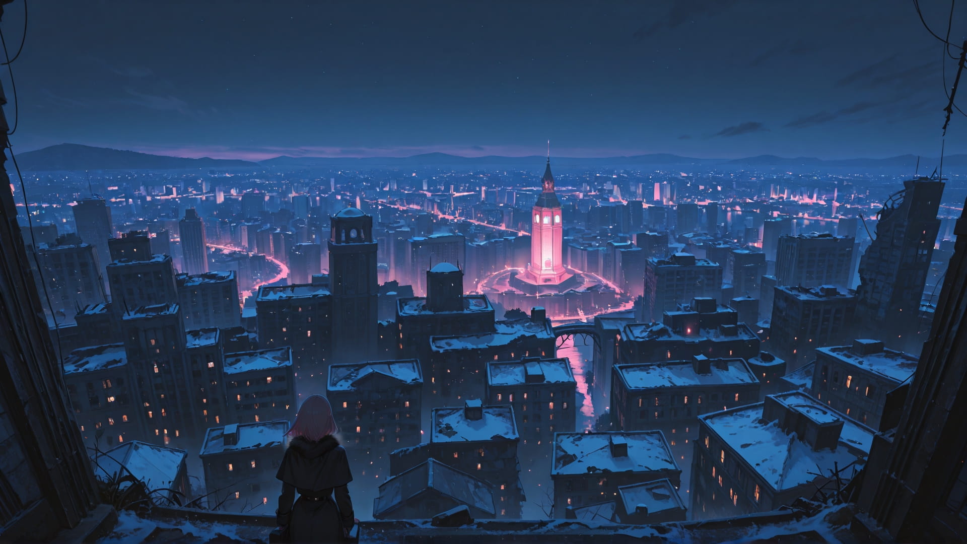 Pink Night City Ruins smartphone wallpaper free download, vertical 16:9 format, Pink, Night, City, Winter