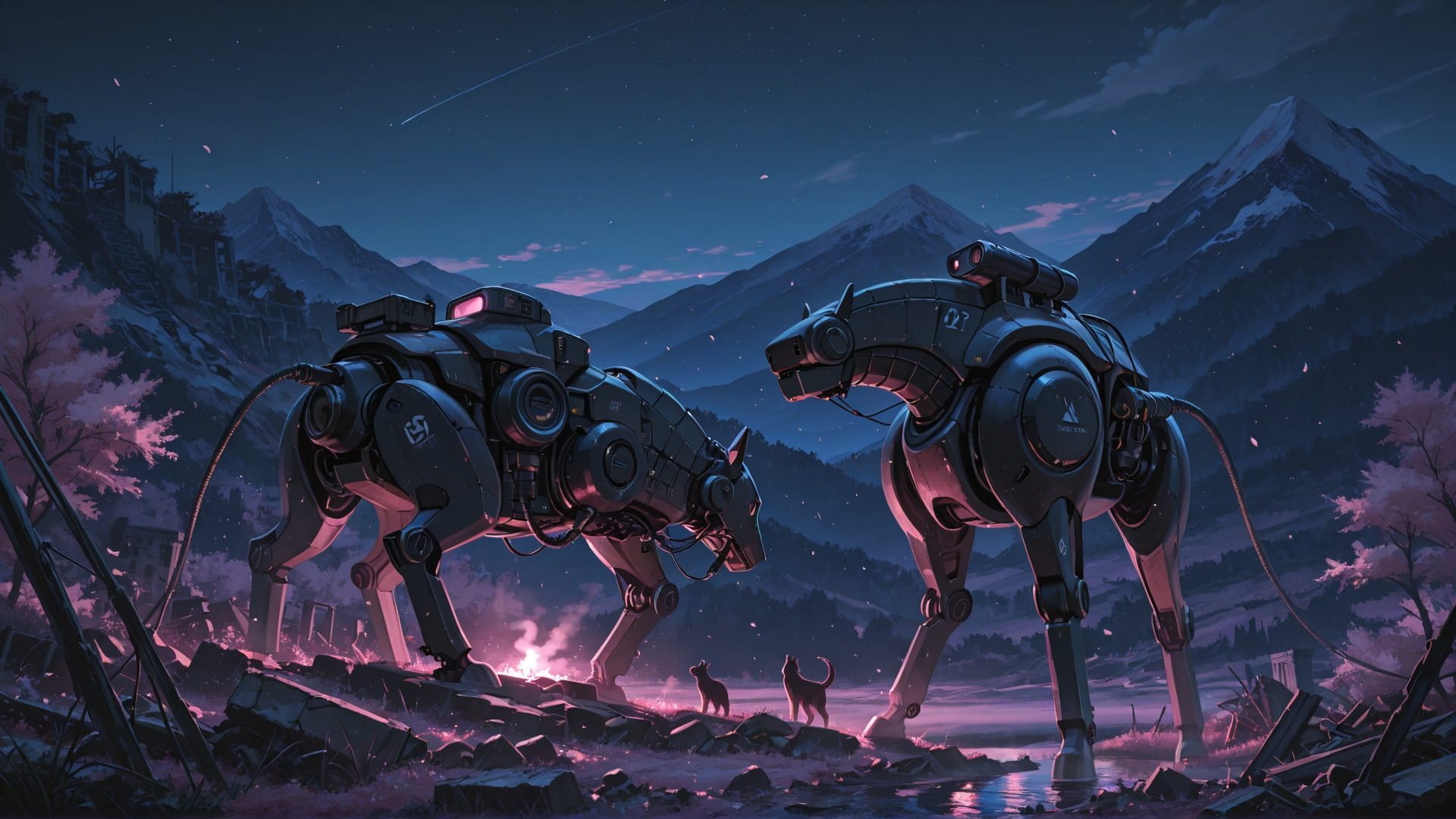 Pink Night Mountain Ruins smartphone wallpaper free download, vertical 16:9 format, Pink, Night, Mountain, Spring