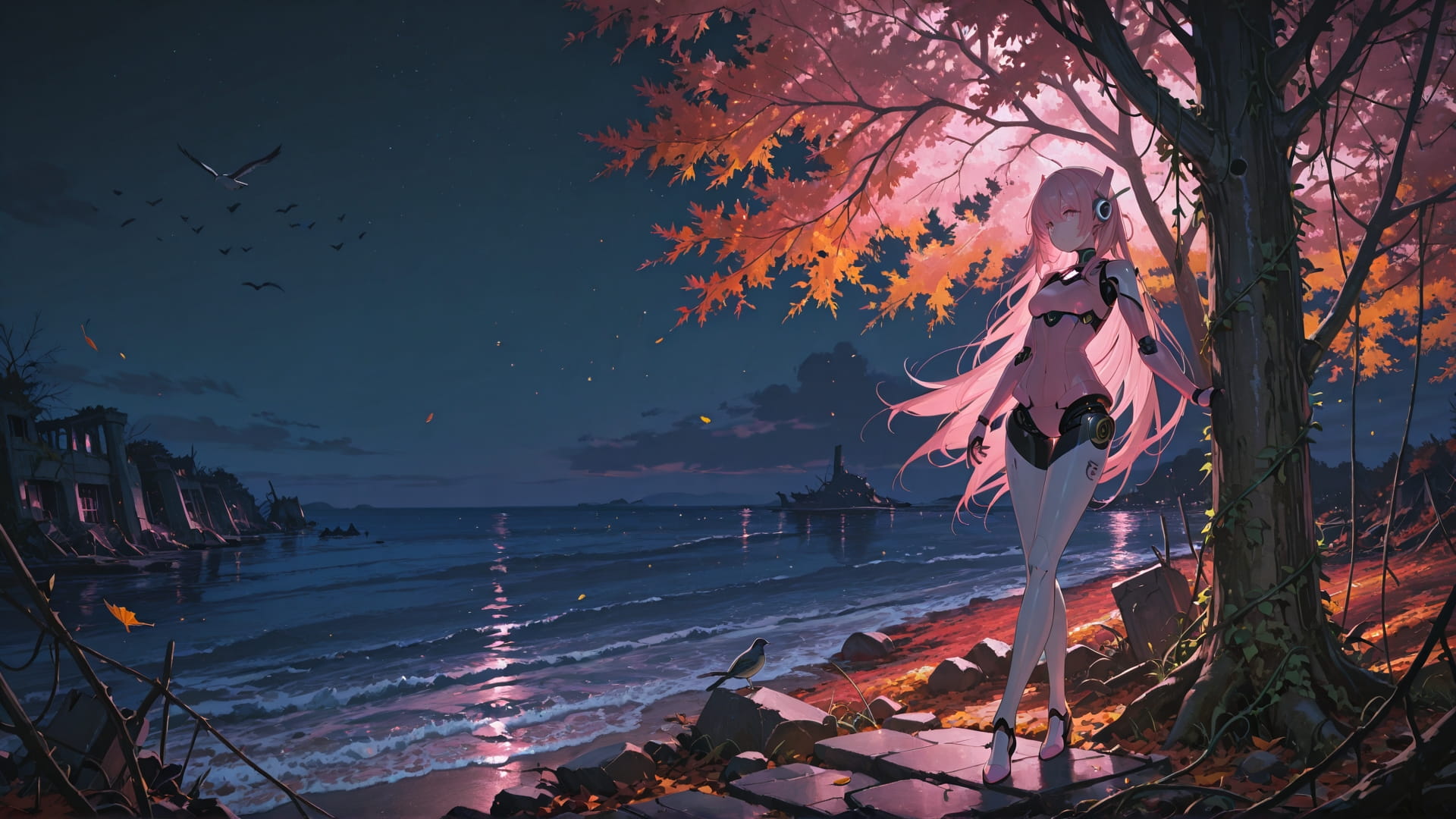 Pink Night Sea Ruins smartphone wallpaper free download, vertical 16:9 format, Pink, Night, Sea, Autumn