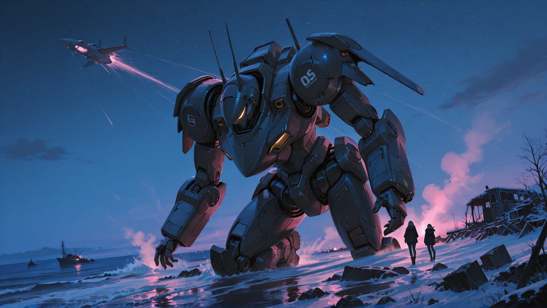 Pink Night Sea Ruins smartphone wallpaper free download, vertical 16:9 format, Pink, Night, Sea, Winter