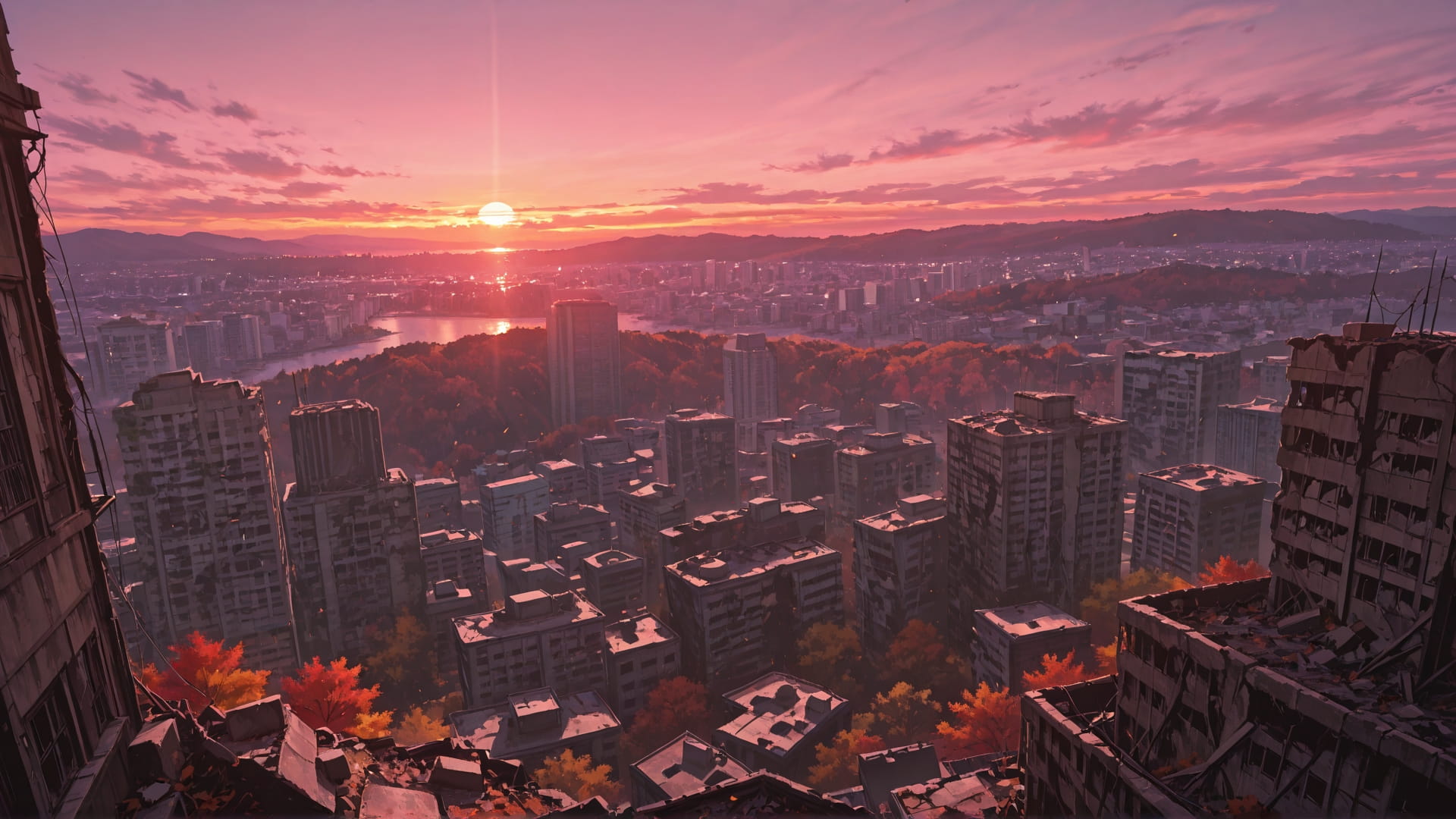 Pink Sunset City Ruins smartphone wallpaper free download, vertical 16:9 format, Pink, Sunset, City, Autumn 001