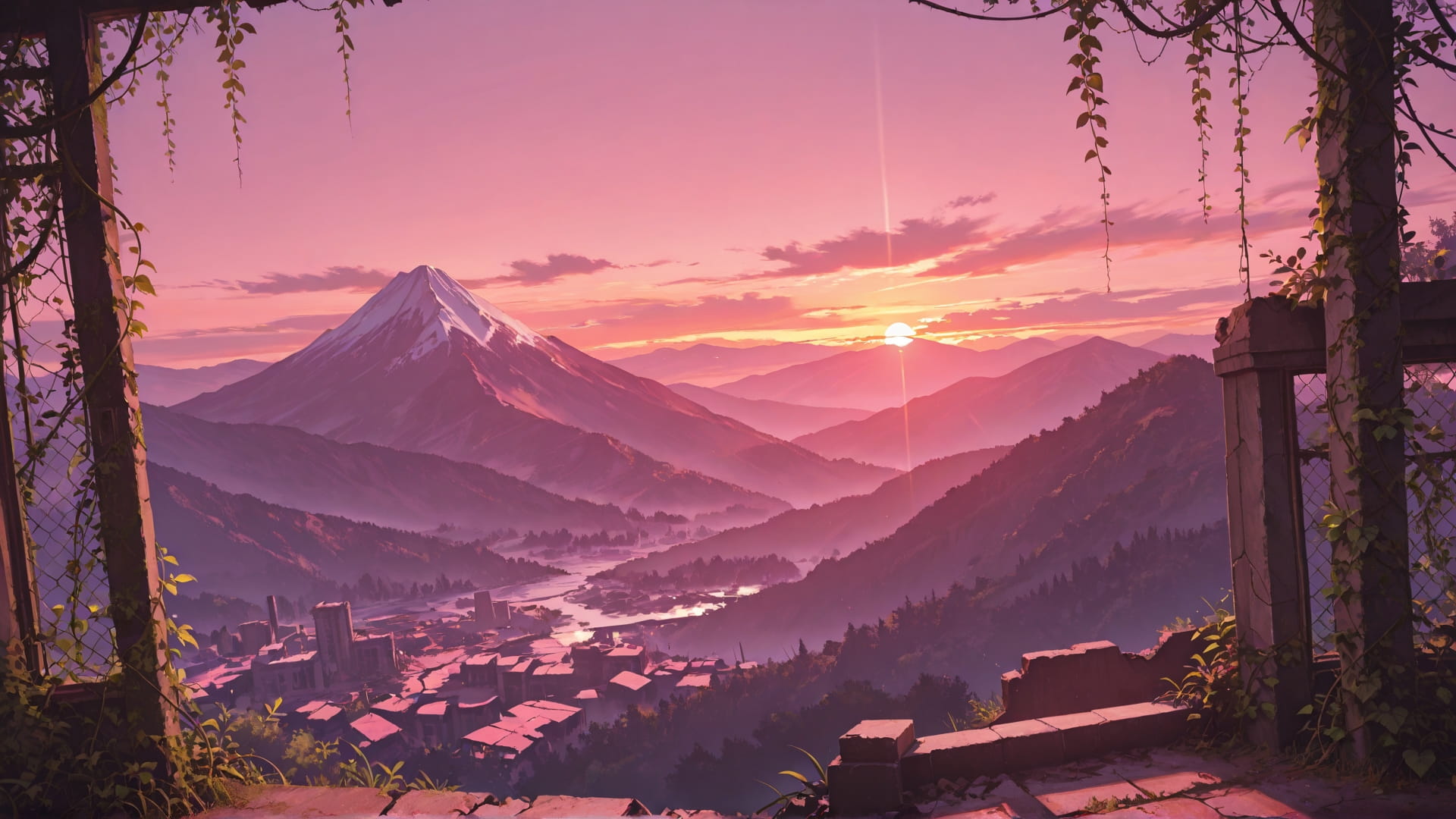 Pink Sunset Mountain Ruins smartphone wallpaper free download, vertical 16:9 format, Pink, Sunset, Mountain, Spring 001