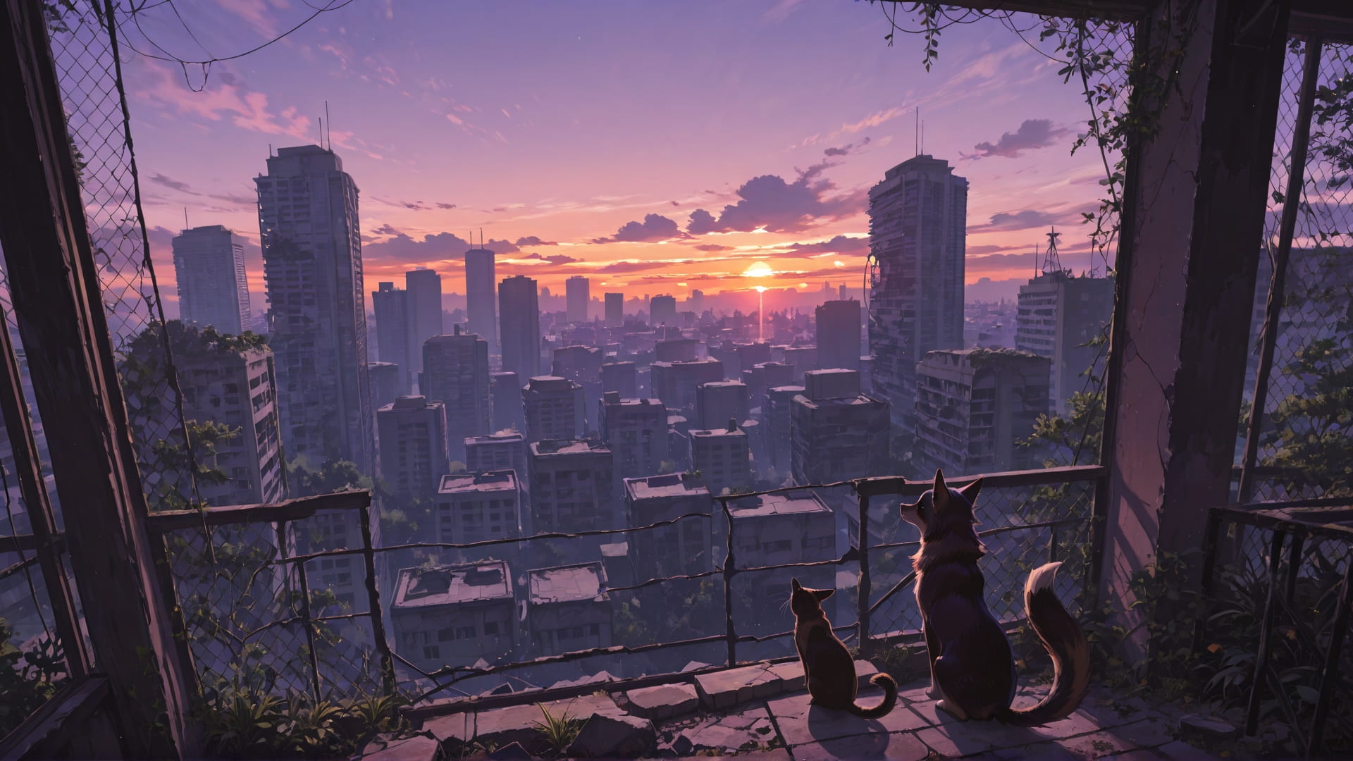 Purple Sunset City Ruins smartphone wallpaper free download, vertical 16:9 format, Purple, Sunset, City, Spring