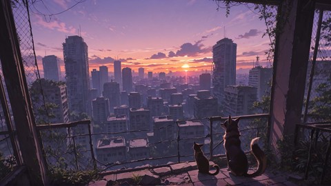 Purple Sunset City Ruins smartphone wallpaper free download, vertical 9:16 format, Purple, Sunset, City, Spring