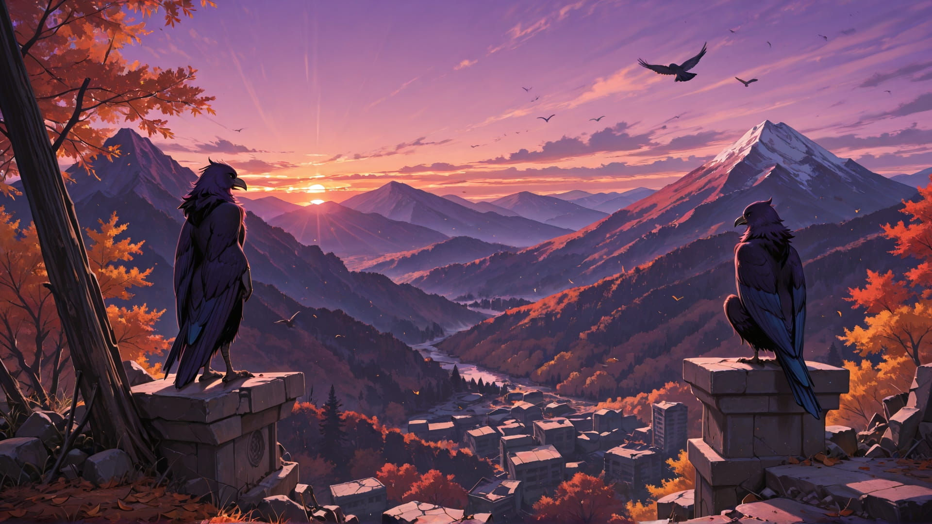 Purple Sunset Mountain Ruins smartphone wallpaper free download, vertical 16:9 format, Purple, Sunset, Mountain, Autumn