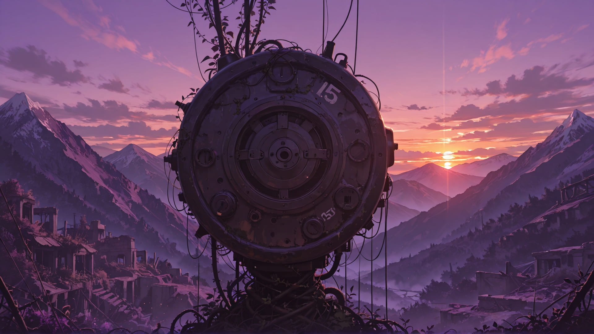 Purple Sunset Mountain Ruins smartphone wallpaper free download, vertical 16:9 format, Purple, Sunset, Mountain, Spring