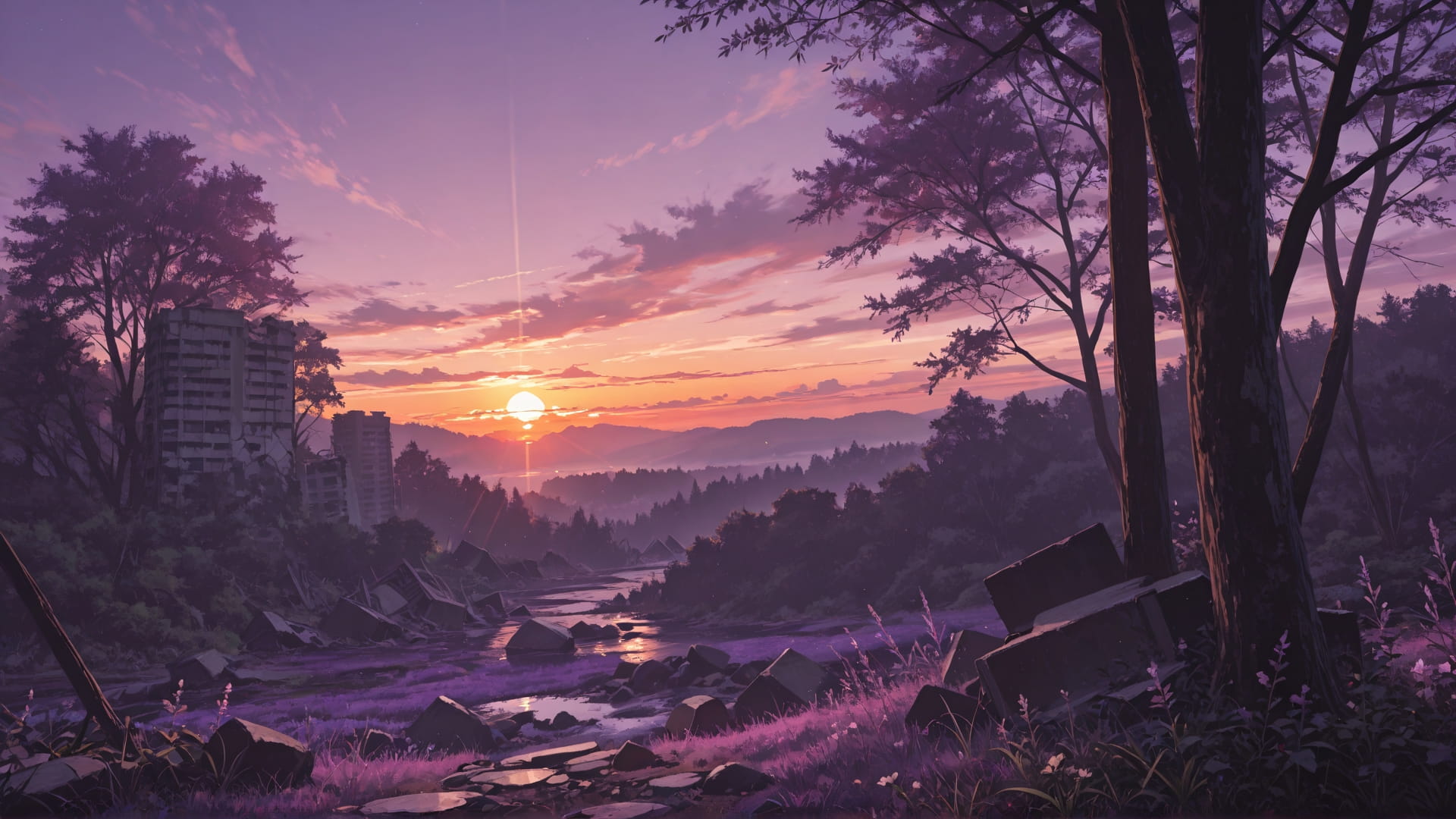 Purple Sunset Nature Ruins smartphone wallpaper free download, vertical 16:9 format, Purple, Sunset, Nature, Spring 001
