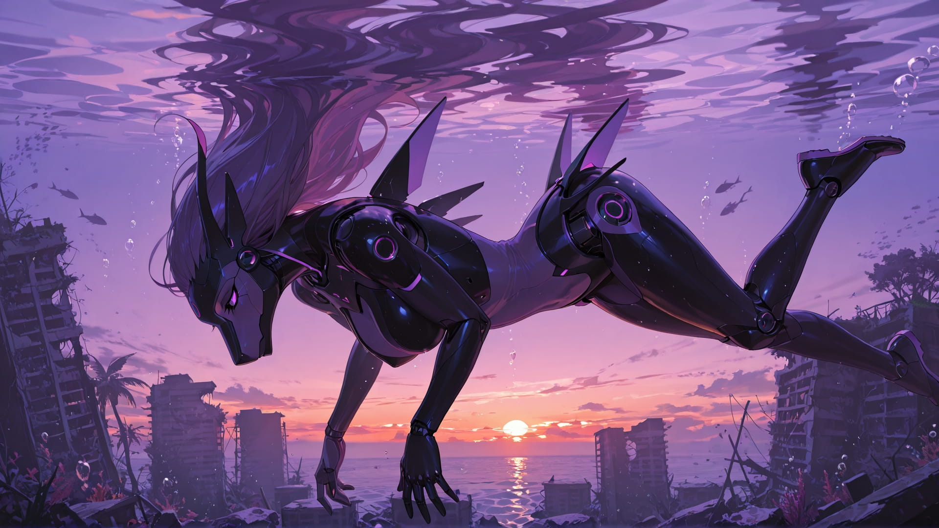 Purple Sunset Sea Ruins smartphone wallpaper free download, vertical 16:9 format, Purple, Sunset, Sea, Summer