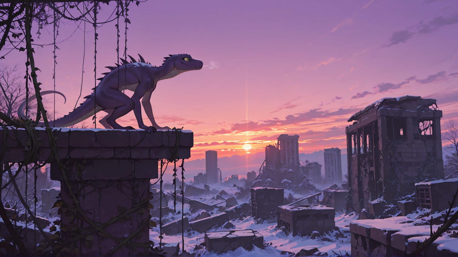 Purple Sunset Sky Ruins smartphone wallpaper free download, vertical 16:9 format, Purple, Sunset, Sky, Winter