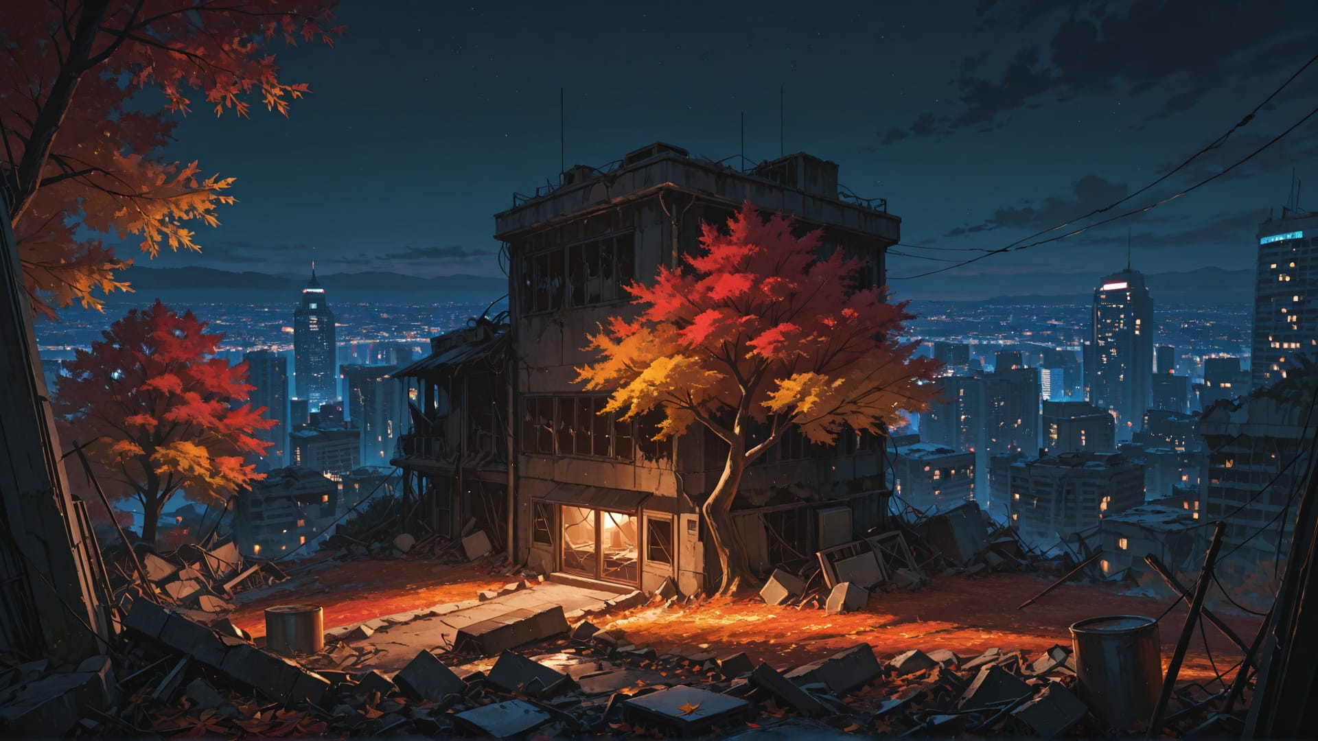 Red Night City Ruins smartphone wallpaper free download, vertical 16:9 format, Red, Night, City, Autumn