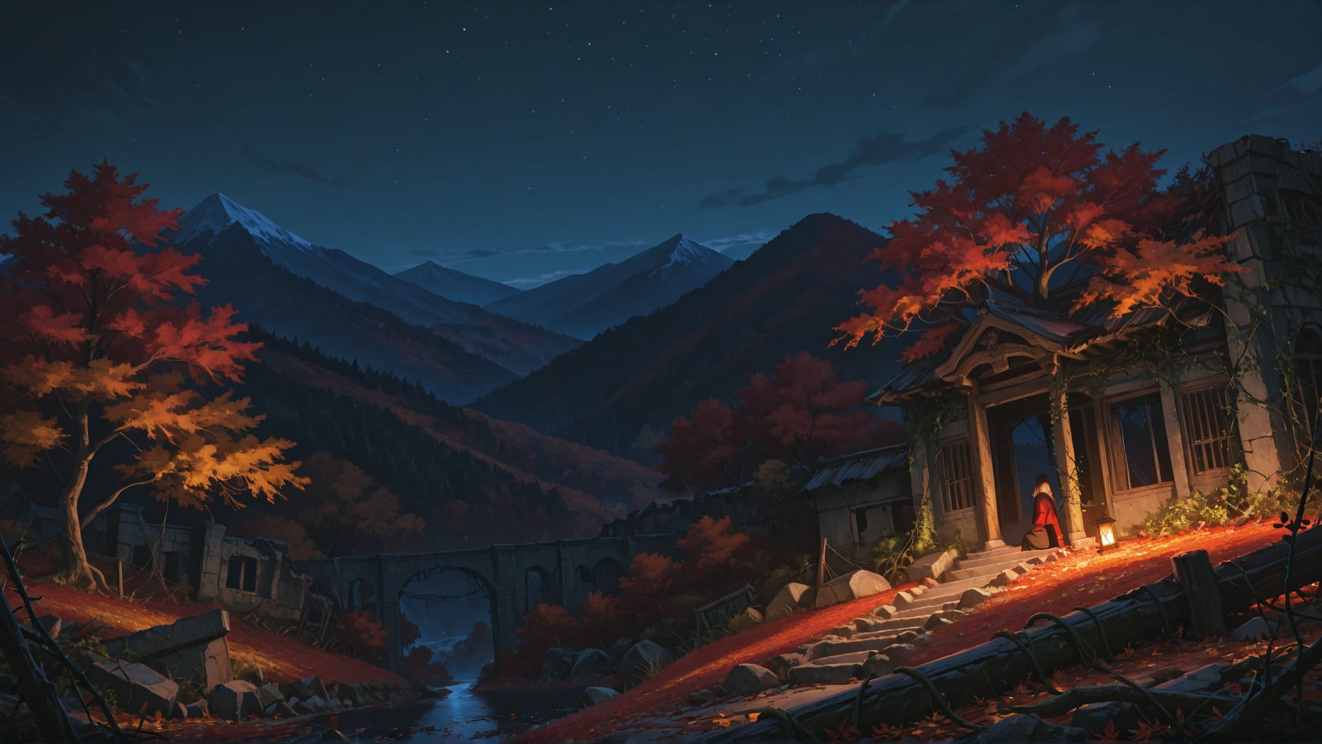 Red Night Mountain Ruins smartphone wallpaper free download, vertical 16:9 format, Red, Night, Mountain, Autumn