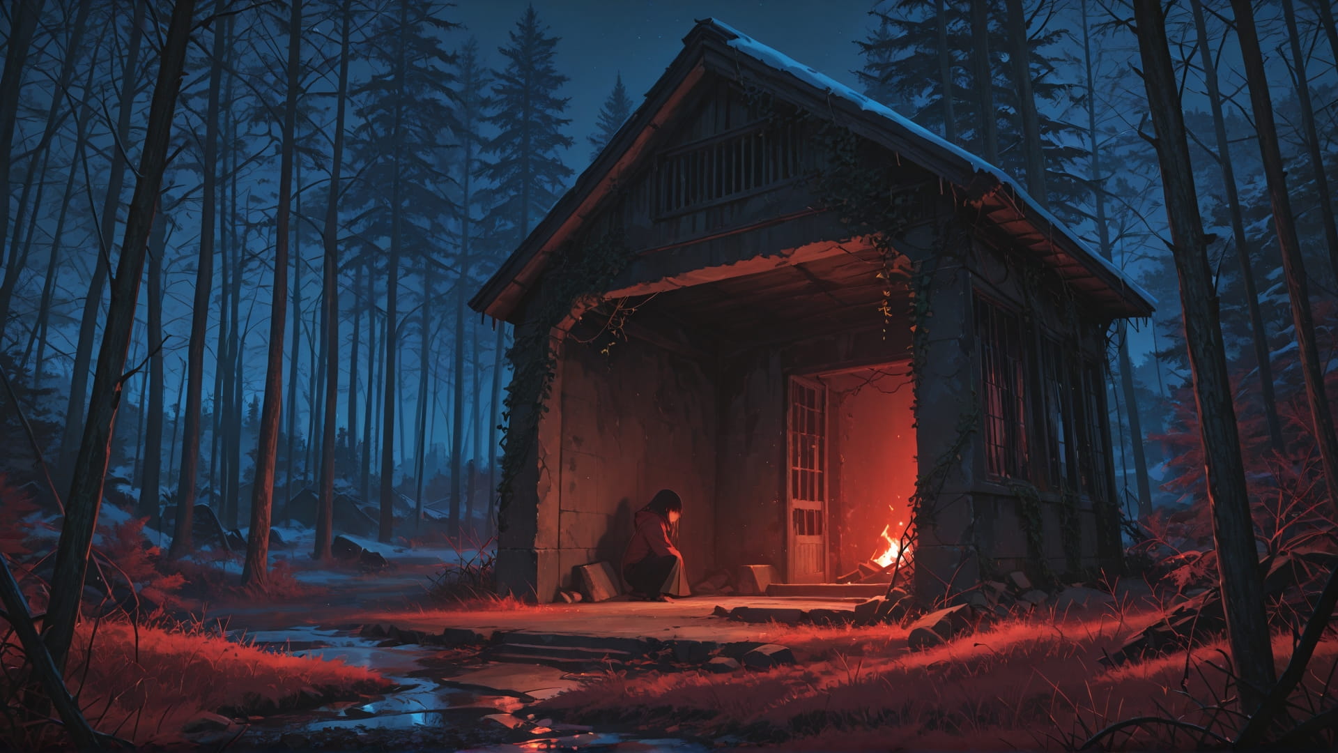 Red Night Nature Ruins smartphone wallpaper free download, vertical 16:9 format, Red, Night, Nature, Winter 001