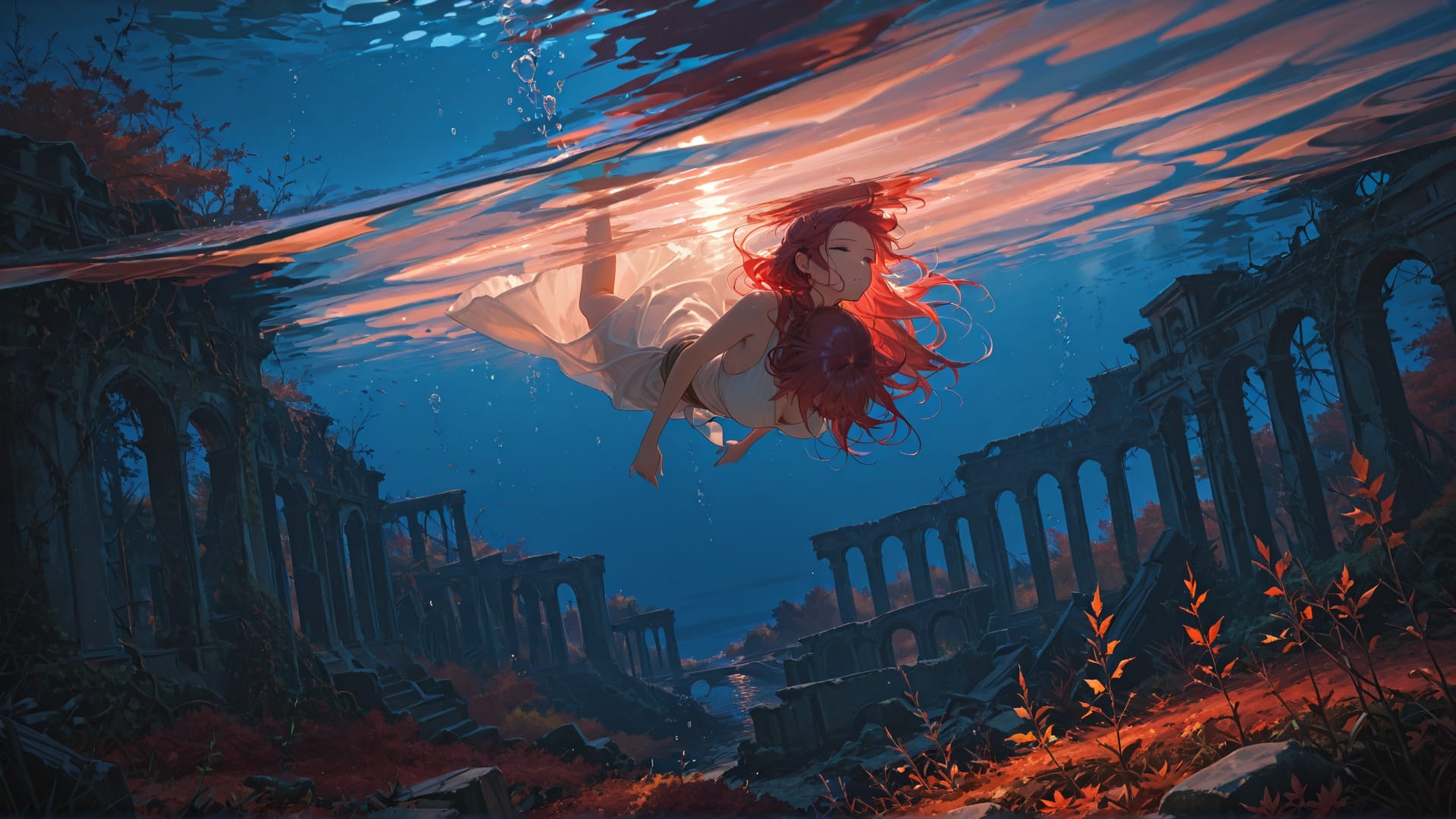 Red Night Sea Ruins smartphone wallpaper free download, vertical 16:9 format, Red, Night, Sea, Autumn 001