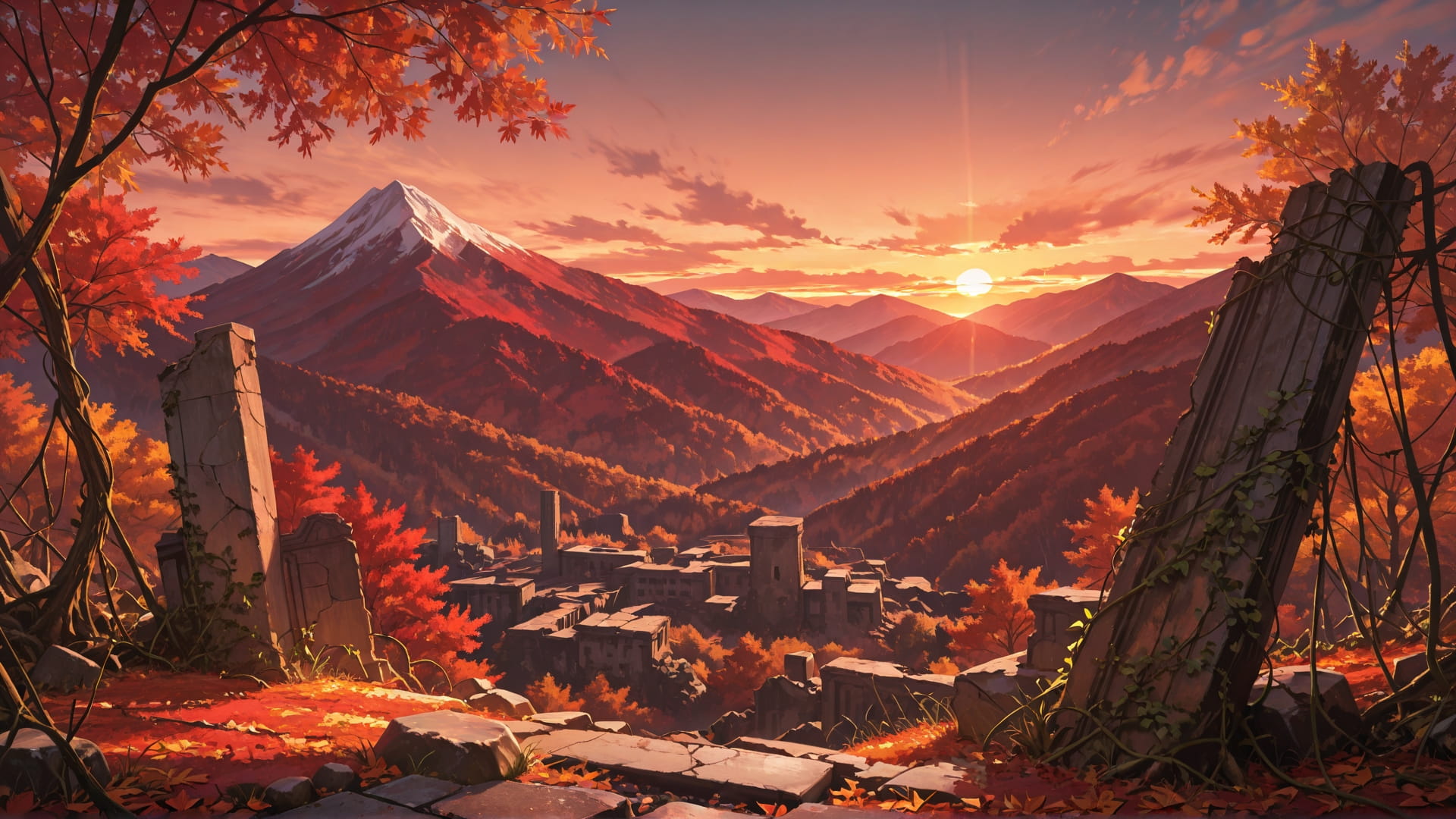 Red Sunset Mountain Ruins smartphone wallpaper free download, vertical 16:9 format, Red, Sunset, Mountain, Autumn 001