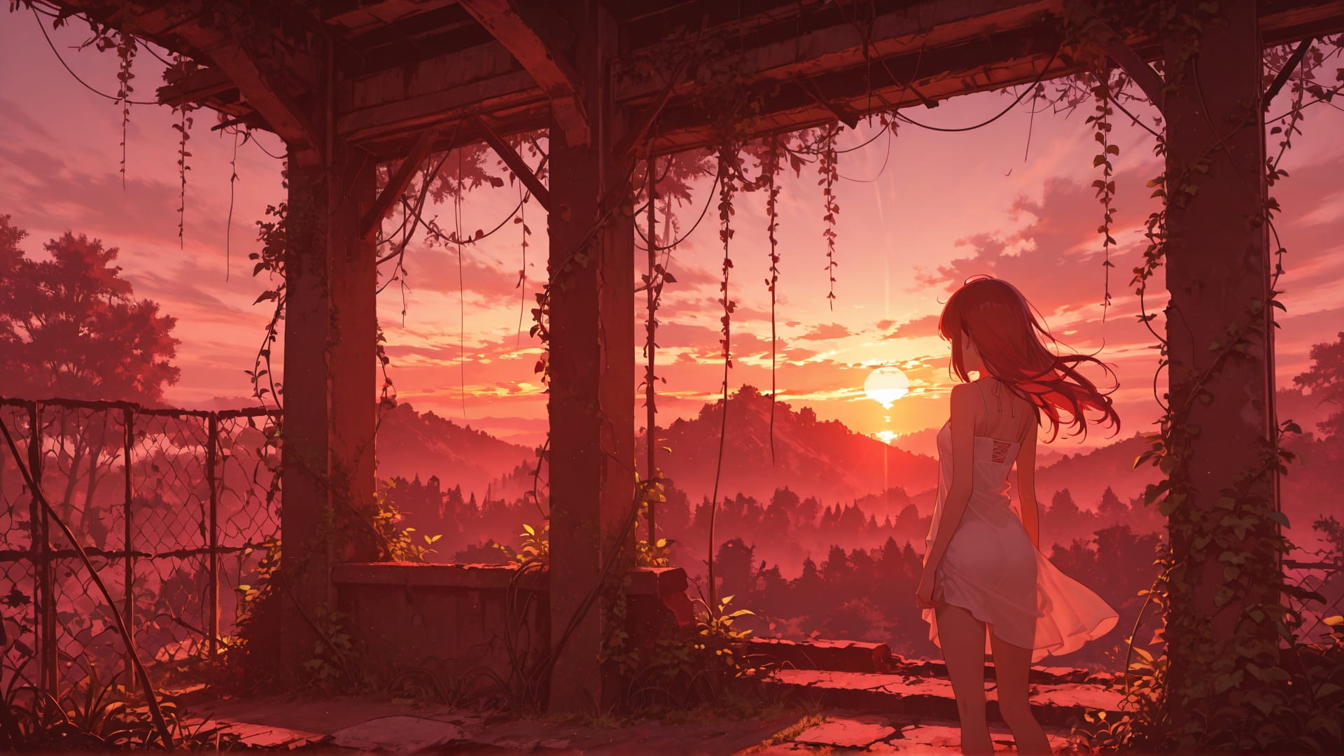 Red Sunset Nature Ruins smartphone wallpaper free download, vertical 16:9 format, Red, Sunset, Nature, Summer 001