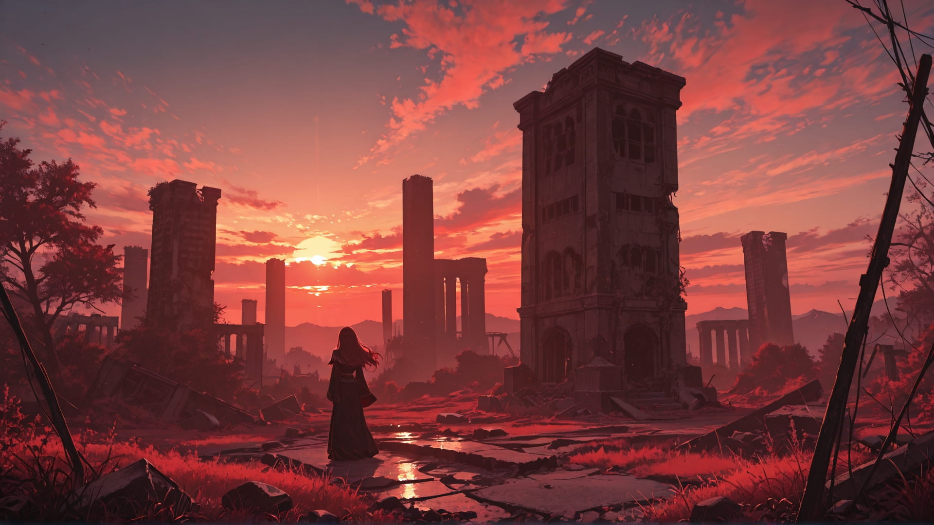 Red Sunset Sky Ruins smartphone wallpaper free download, vertical 16:9 format, Red, Sunset, Sky, Spring 001