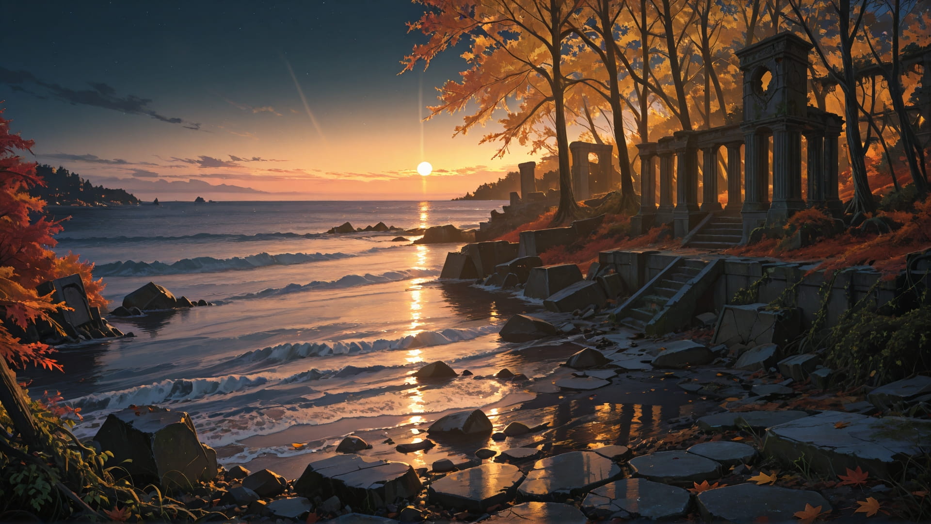 Yellow Night Sea Ruins smartphone wallpaper free download, vertical 16:9 format, Yellow, Night, Sea, Autumn 001