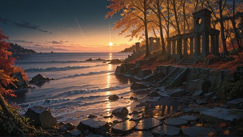 Yellow Night Sea Ruins smartphone wallpaper free download, vertical 9:16 format, Yellow, Night, Sea, Autumn 001