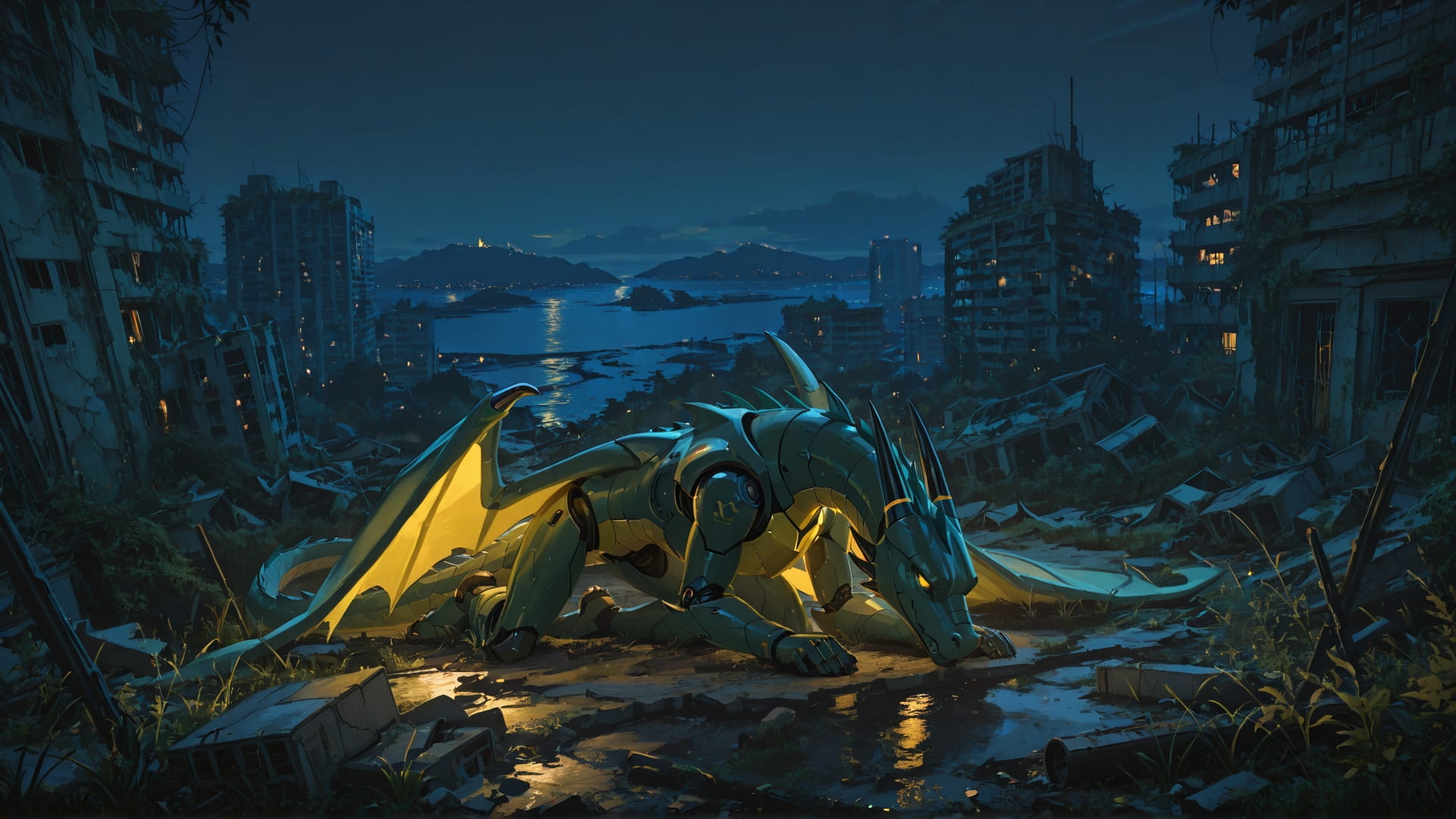 Yellow Night Sea Ruins smartphone wallpaper free download, vertical 9:16 format, Yellow, Night, Sea, Spring