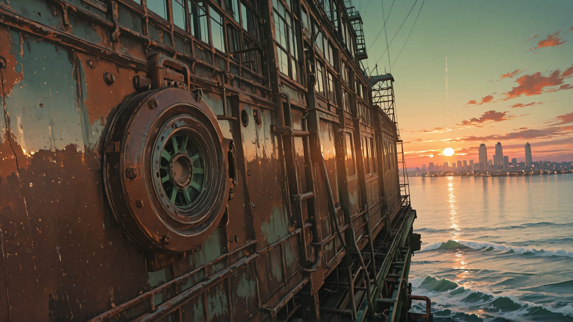 Green Sunset City Rust smartphone wallpaper free download, vertical 16:9 format, Green, Sunset, City, Autumn 001