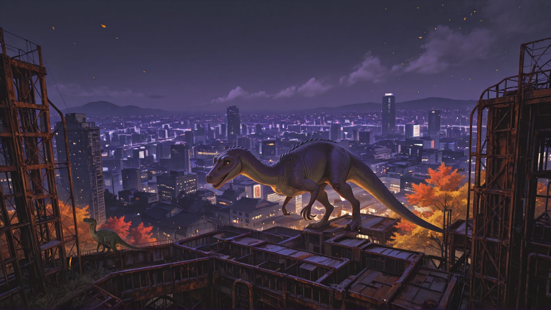 Purple Night City Rust smartphone wallpaper free download, vertical 16:9 format, Purple, Night, City, Autumn