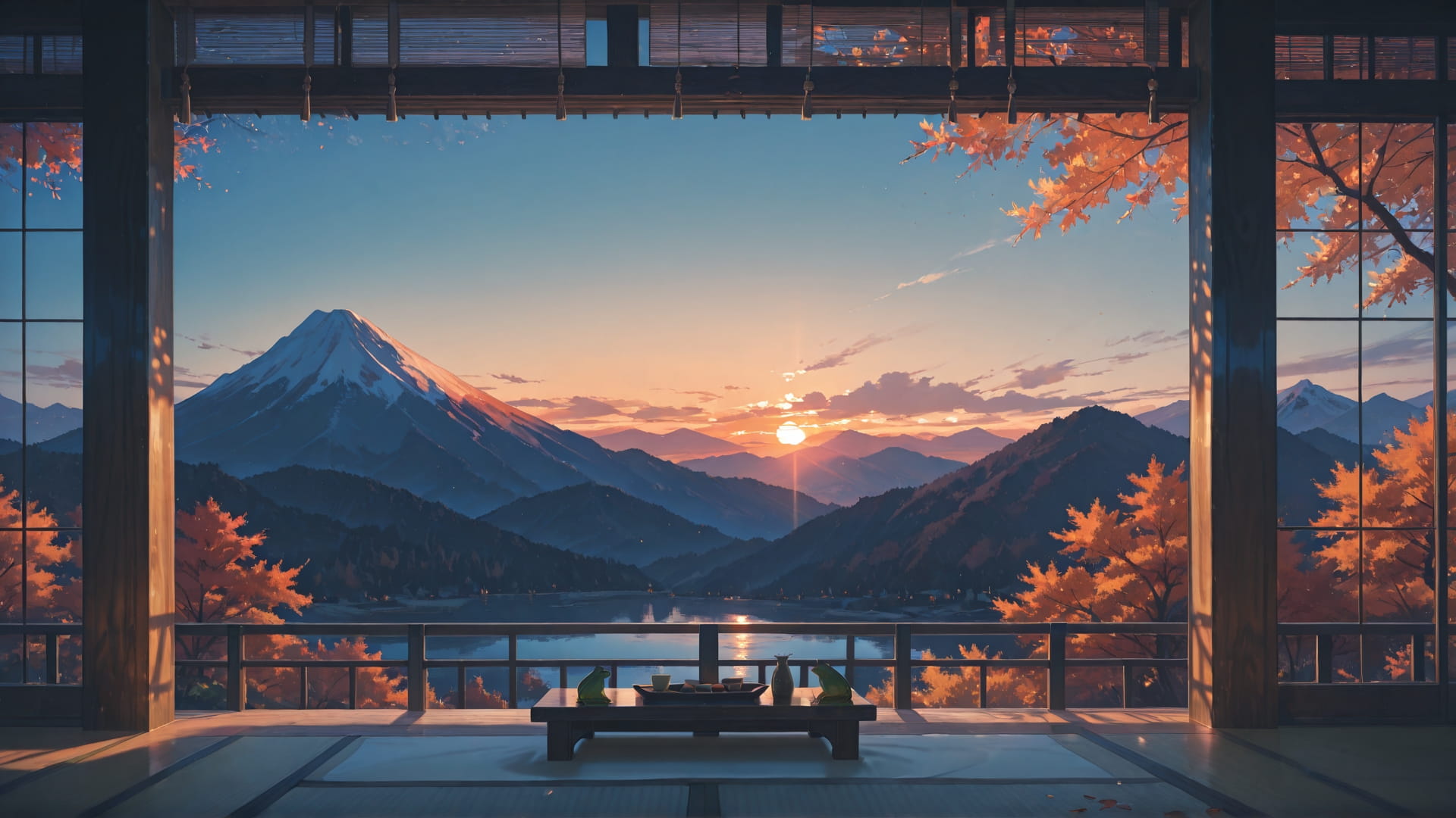 Blue Sunset Mountain Sakura smartphone wallpaper free download, vertical 16:9 format, Blue, Sunset, Mountain, Autumn