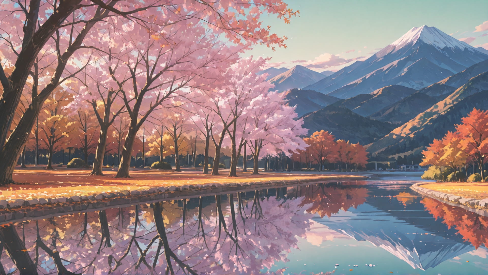 Green Afternoon Mountain Sakura smartphone wallpaper free download, vertical 16:9 format, Green, Afternoon, Mountain, Autumn 001