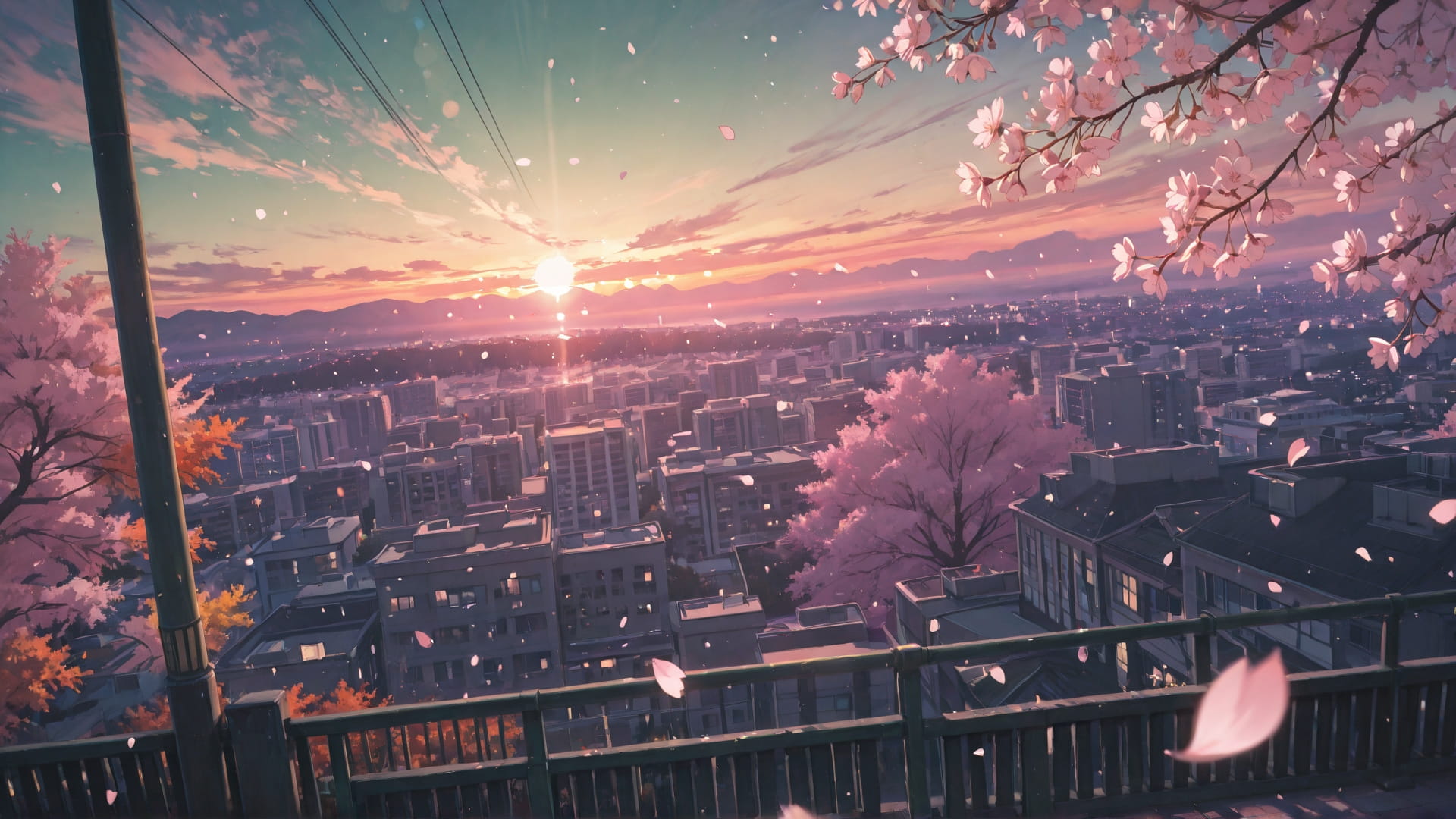 Green Sunset City Sakura smartphone wallpaper free download, vertical 16:9 format, Green, Sunset, City, Autumn 001