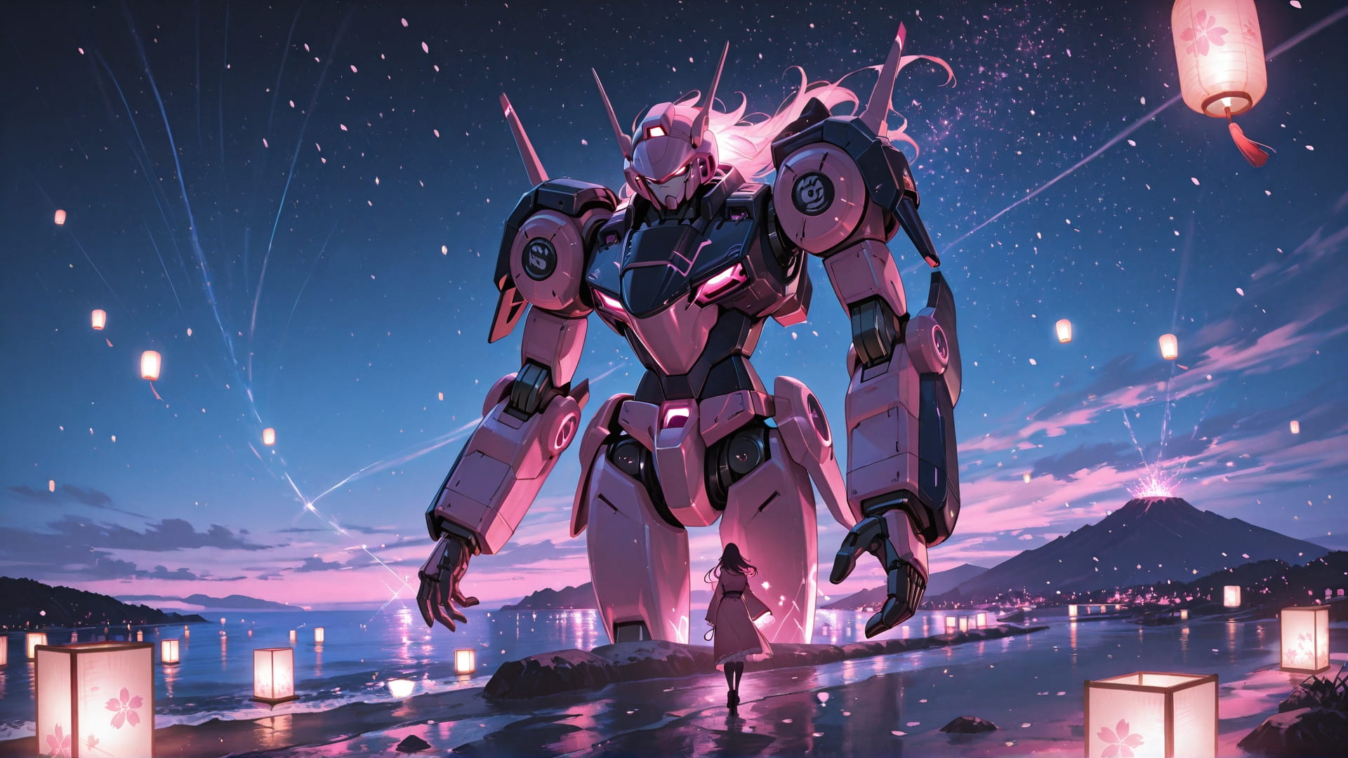 Pink Night Sea Sakura smartphone wallpaper free download, vertical 16:9 format, Pink, Night, Sea, Winter