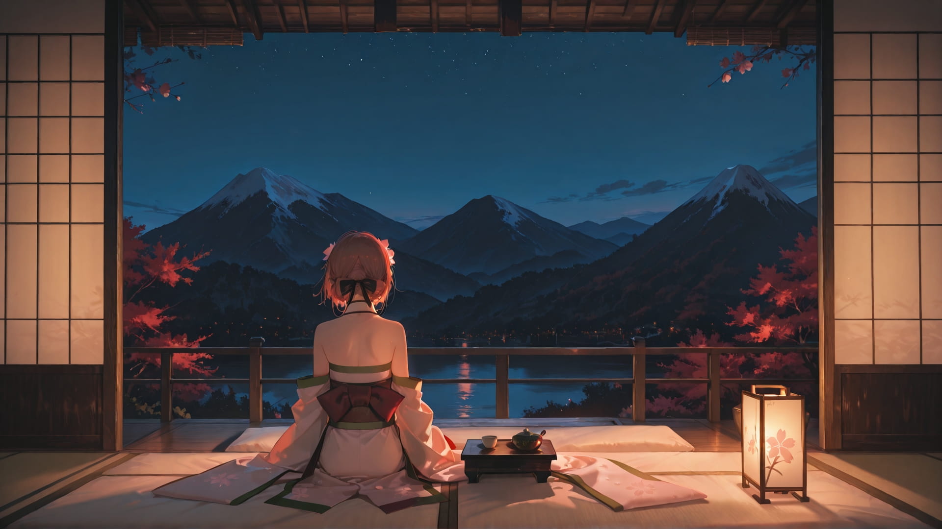 Red Night Mountain Sakura smartphone wallpaper free download, vertical 16:9 format, Red, Night, Mountain, Summer 001