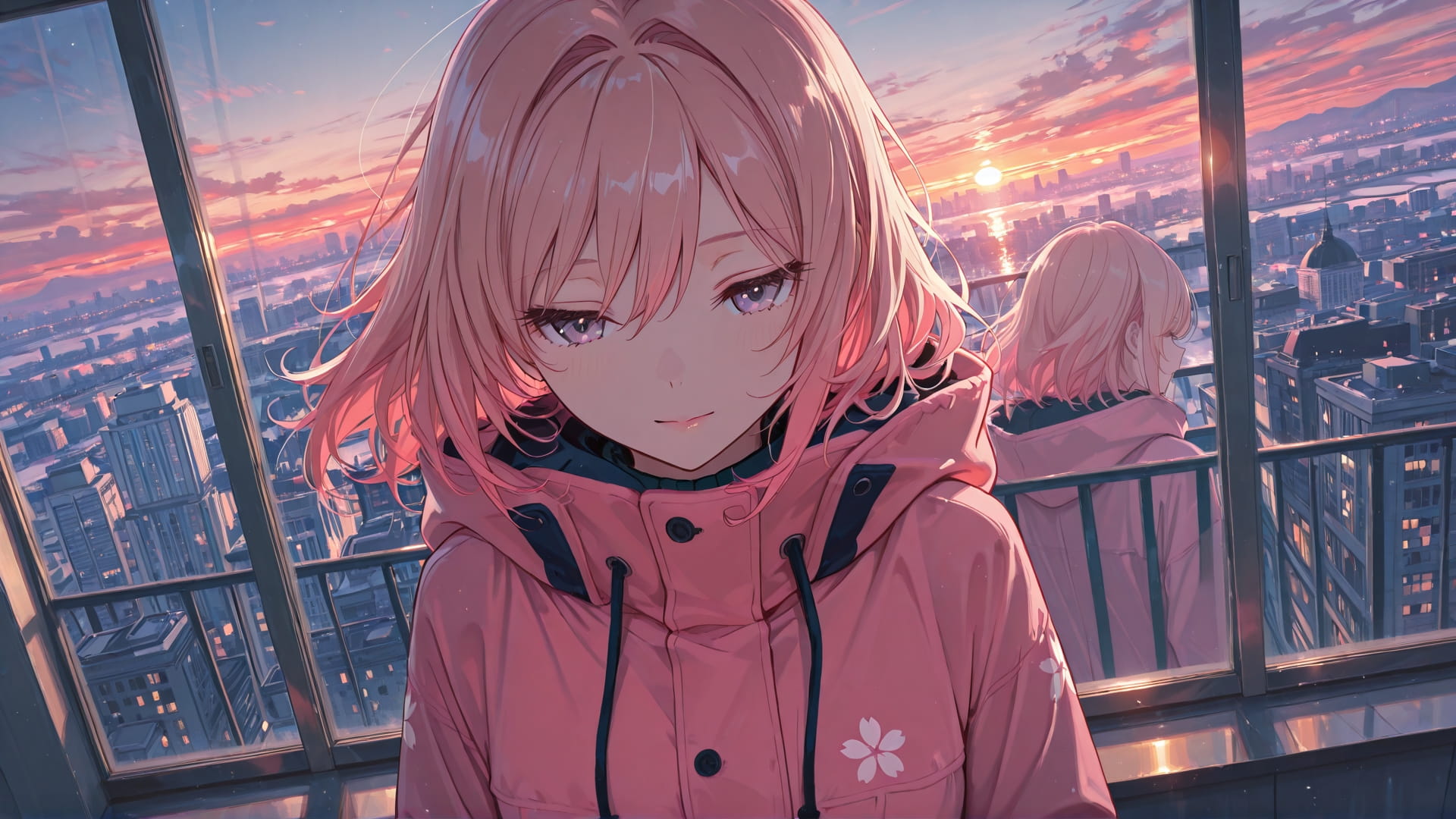 Red Sunset City Sakura smartphone wallpaper free download, vertical 16:9 format, Red, Sunset, City, Winter 001