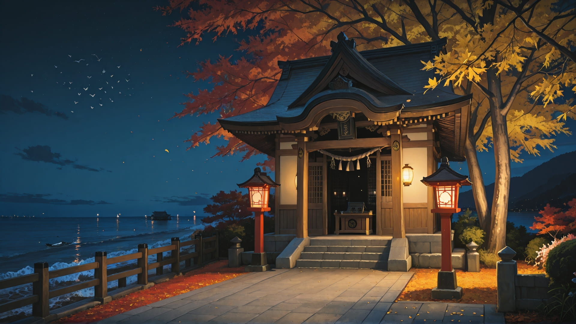 Yellow Night Sea Sakura smartphone wallpaper free download, vertical 16:9 format, Yellow, Night, Sea, Autumn