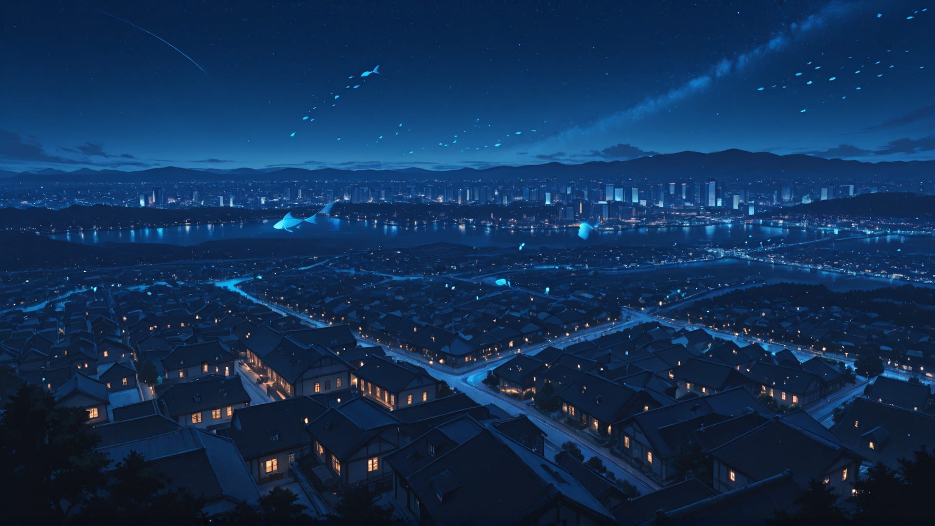 Blue Night City StarrySky smartphone wallpaper free download, vertical 16:9 format, Blue, Night, City, Spring