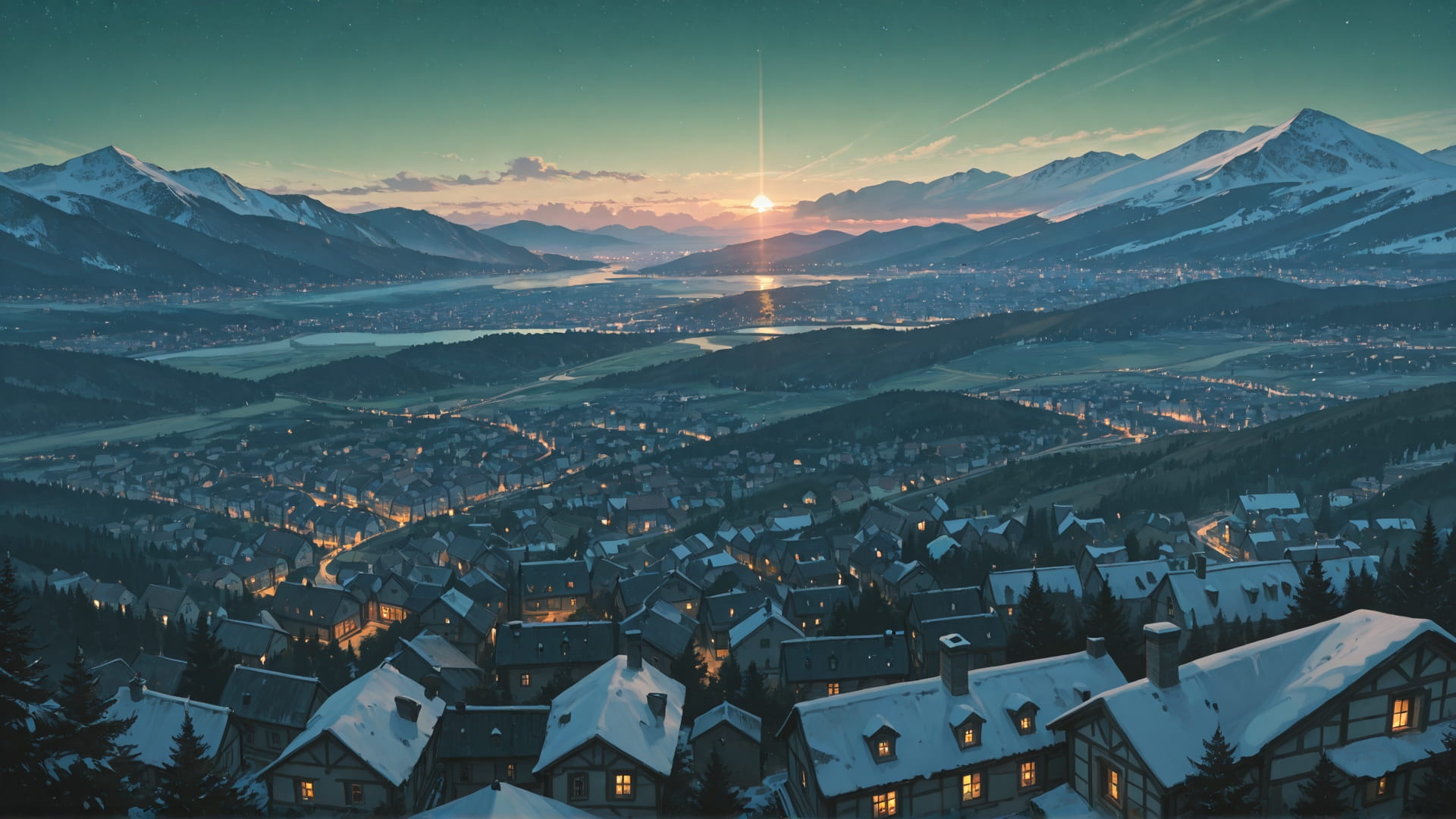 Green Afternoon City StarrySky smartphone wallpaper free download, vertical 16:9 format, Green, Afternoon, City, Winter 001